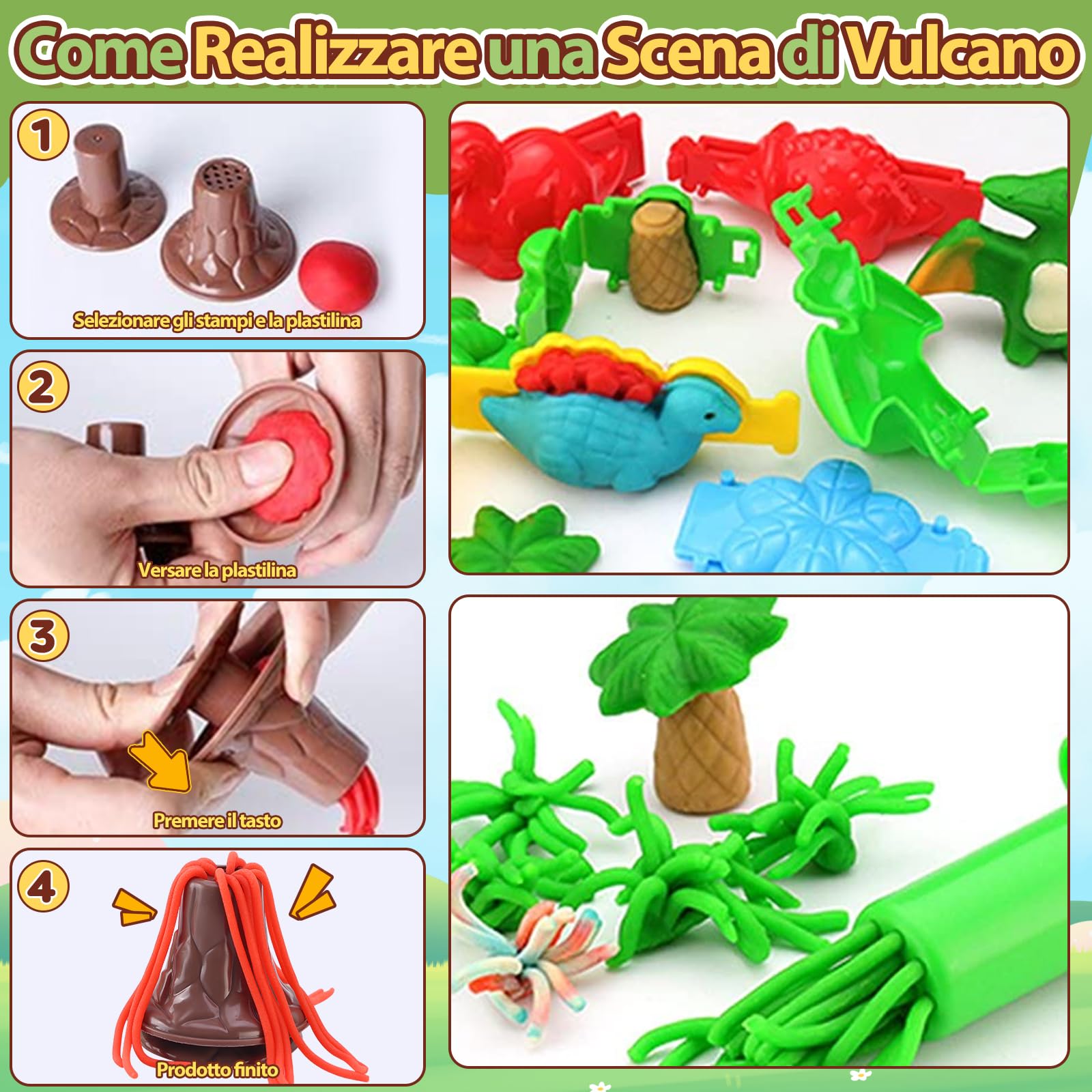 VBACALA Set di Plastilina per Bambini-con Plastilina per Dinosauri Stampini e Utensili per Modellare,Kit per Creare Forme di Dinosauri,Giocattolo Educativo per Bambini e Bambine 3 4 5 6+ Anni