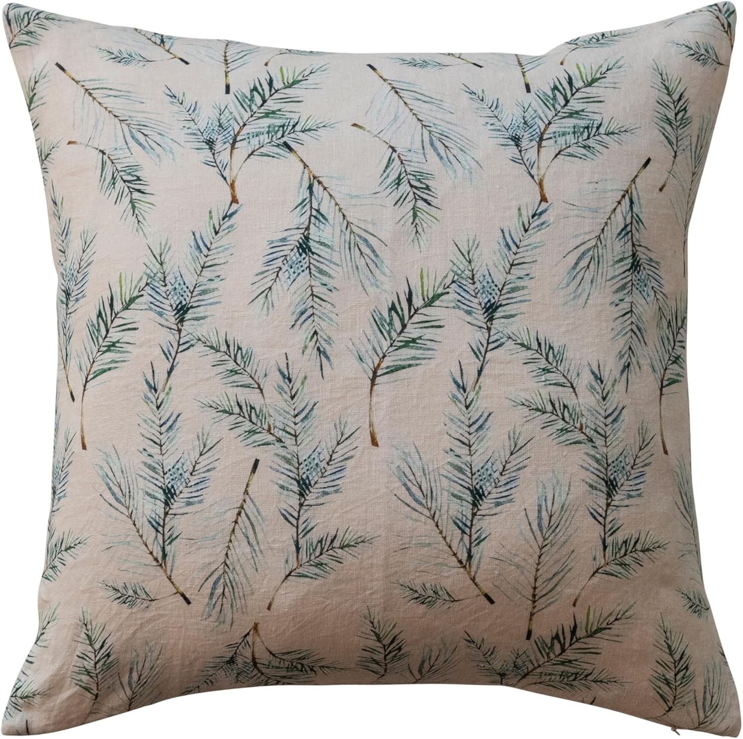 Creative Co-Op, Natural, Green and Brown Square Linen and Cotton Printed Pillow with Pine Bough Pattern