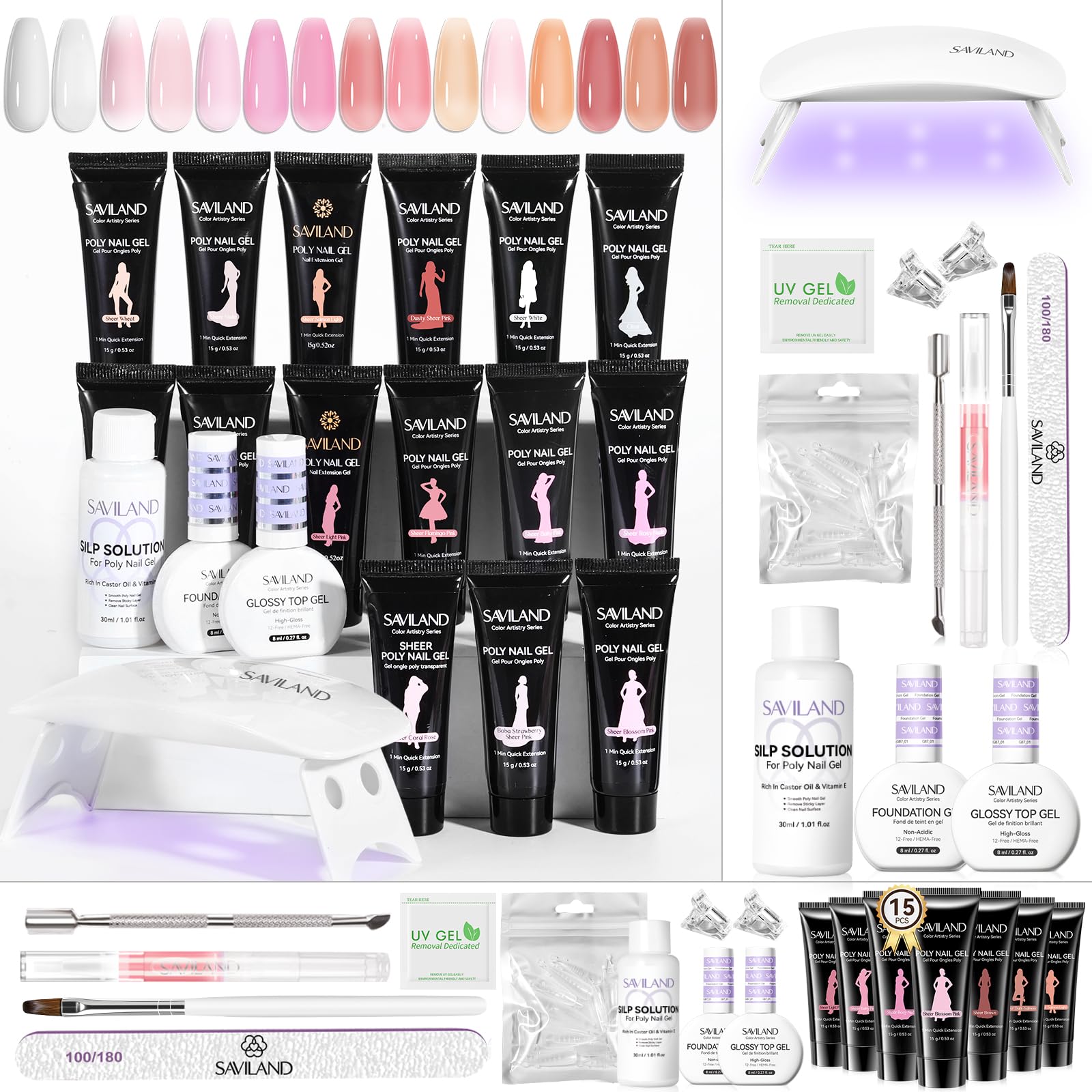 SAVILAND Kit Color Artistry Glow & Go: Coffret de 15 Polygel Transparents pour Rallonger Ongles avec Lampe U V, Base et Top Coat, Polygel Longue Tenue pour Débutantes