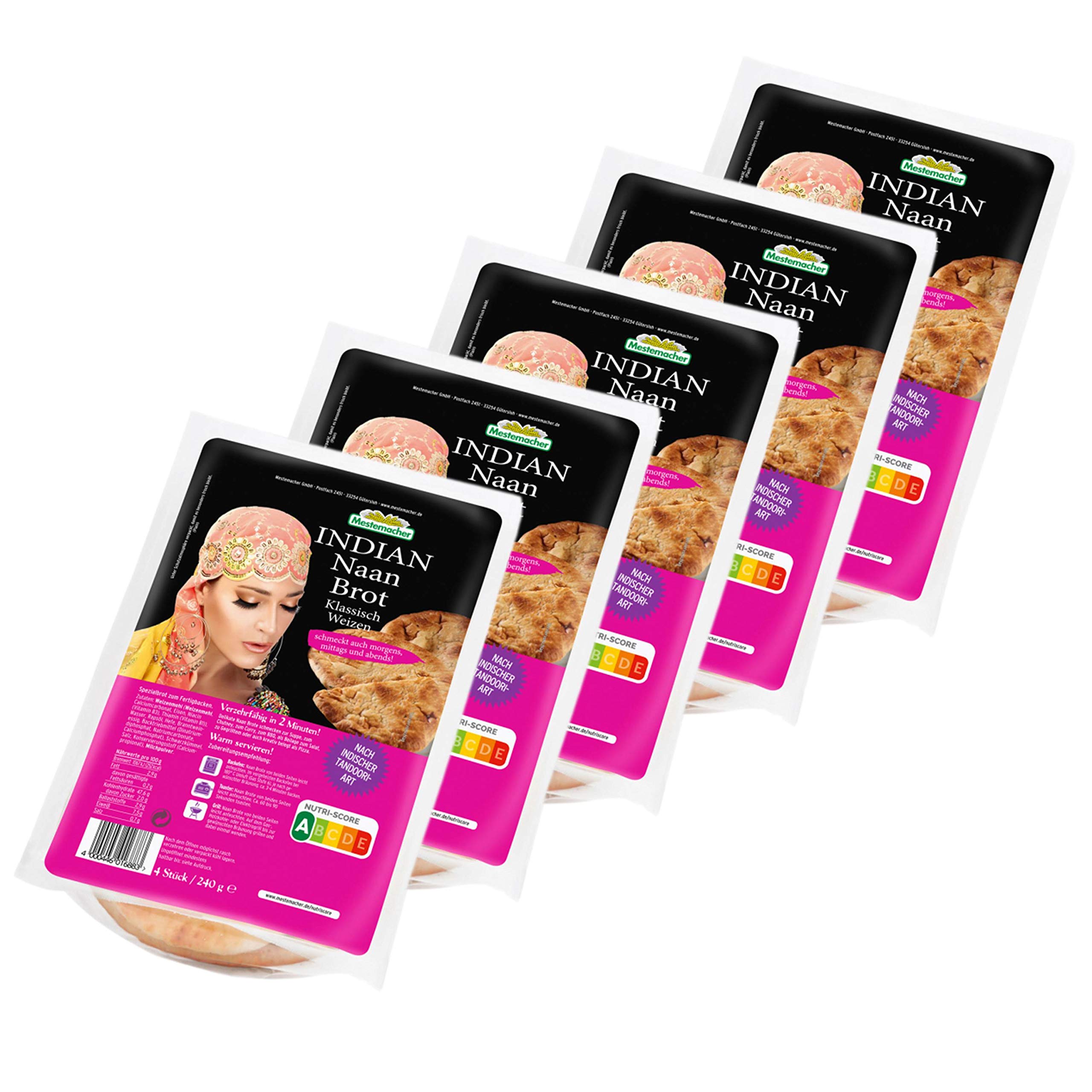 Mestemacher - 5er Set "Original" INDIAN Naan Brot Klassisch Weizen in 240 g Packung (4 Stück) - Indisches Fladenbrot Naanbrot ideal als Beilage oder Snack