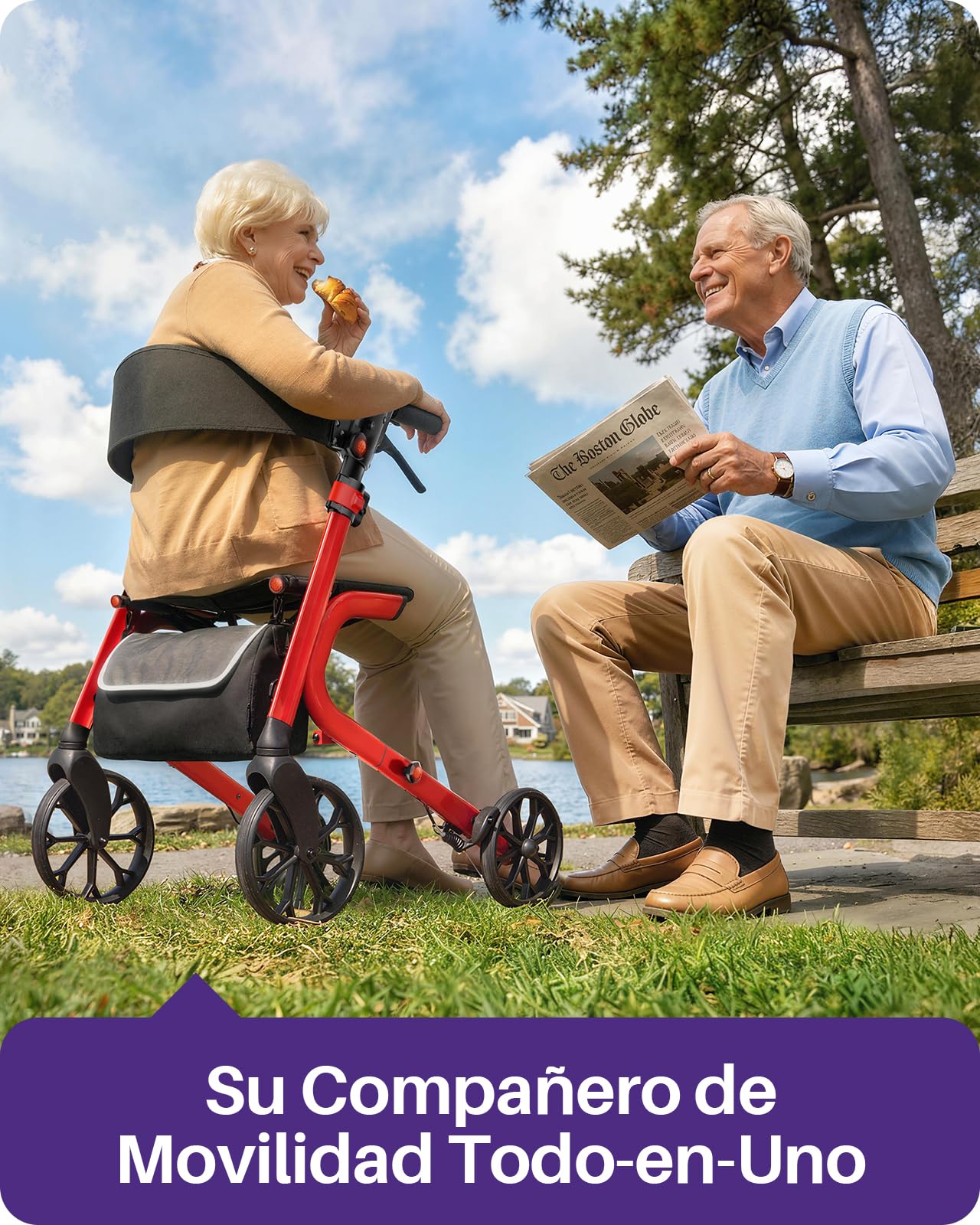 Kekoy K2 Andador para ancianos con asiento plegable de aluminio, regulable en altura, 181 kg de carga, andadores adultos con cojín de asiento de 44 cm, respaldo y bolsa de almacenaje, rojo