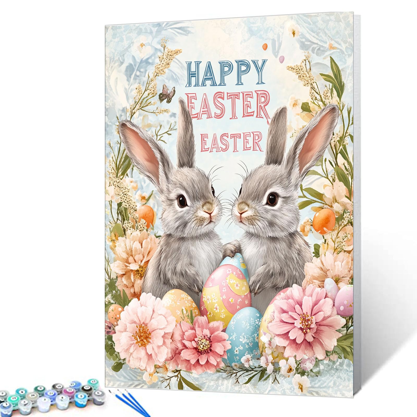 Aihonmin Happy Easter Paint by Numbers Kit for Adults Beginners on Canvas,Rabbits with Flowers DIY Oil Painting Crafts Acrylic Paintwork Home Wall Decoration Unique Gifts 16X20 Inch (Frameless)