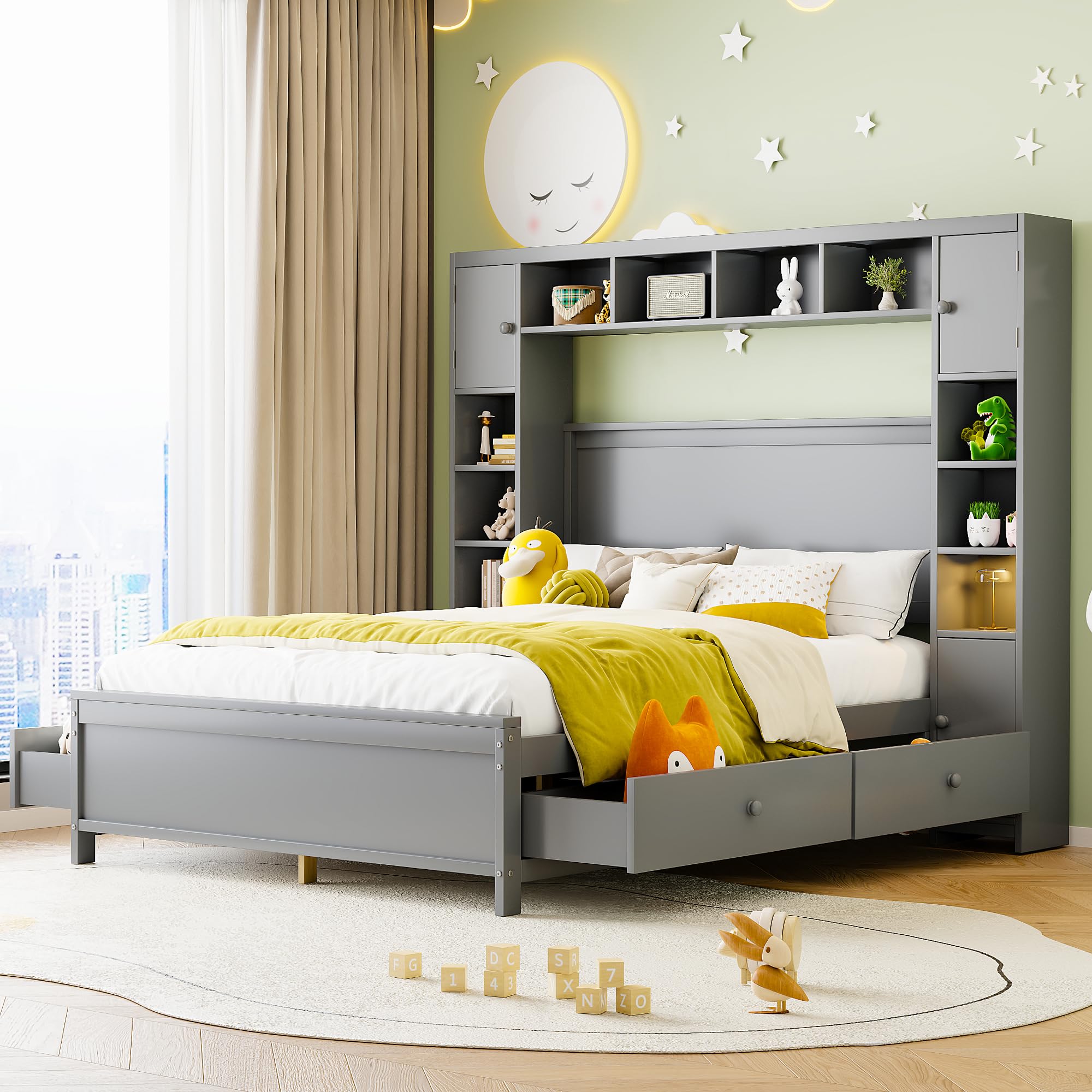 Doppelbett Holzbett 140x200 cm, Bett mit 4 Stauraum Schubladen, Kopfteil mit Bücherregal und Stauschrank, Stauraumbett mit Lattenrost, Jugendbett Funktionsbett Bettgestell aus Holz,ohne Matratze,Grau Küche, Haushalt & Wohnen