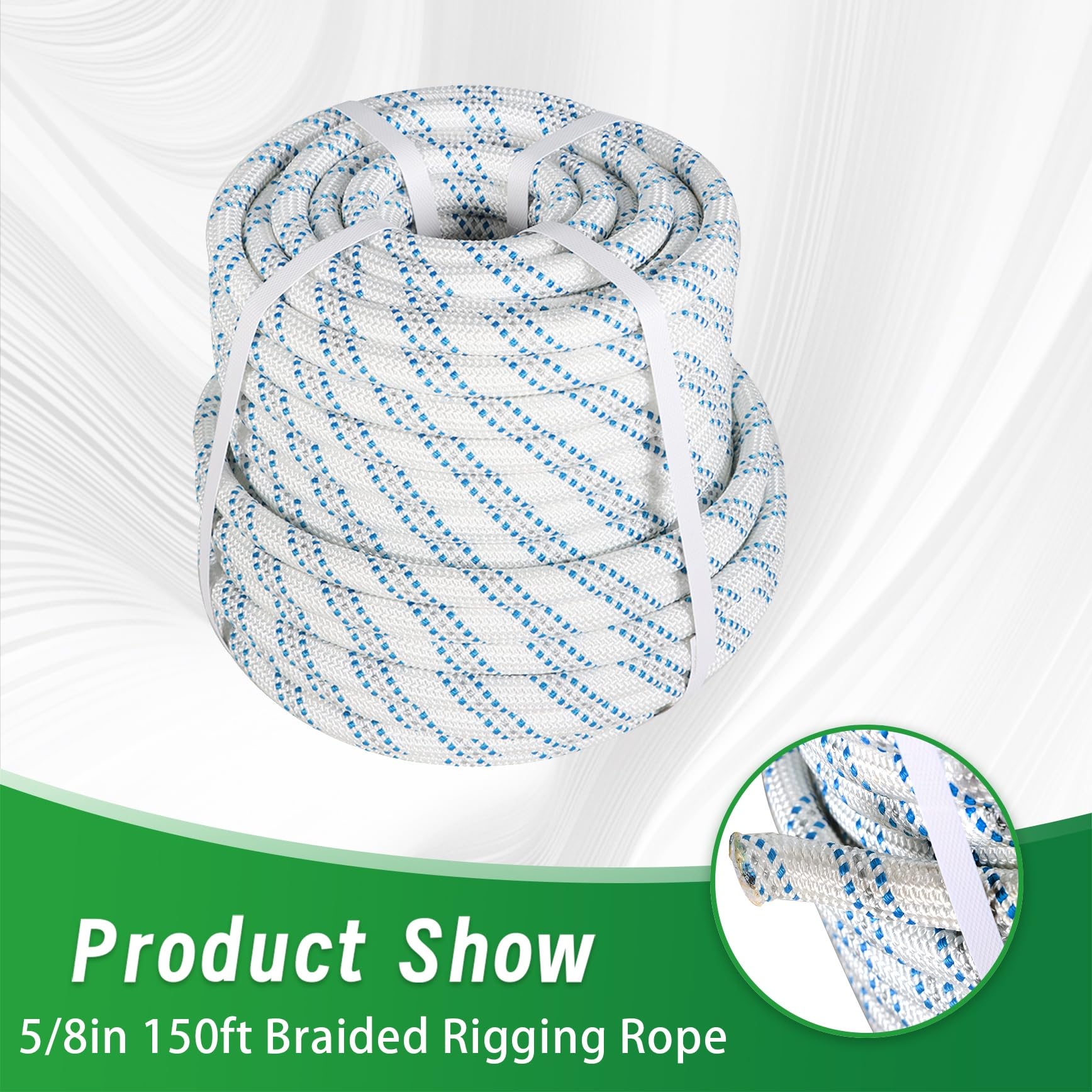 YSMN 5/8 in 150 FT Braided Rigging Rope 11000 LBS Breaking