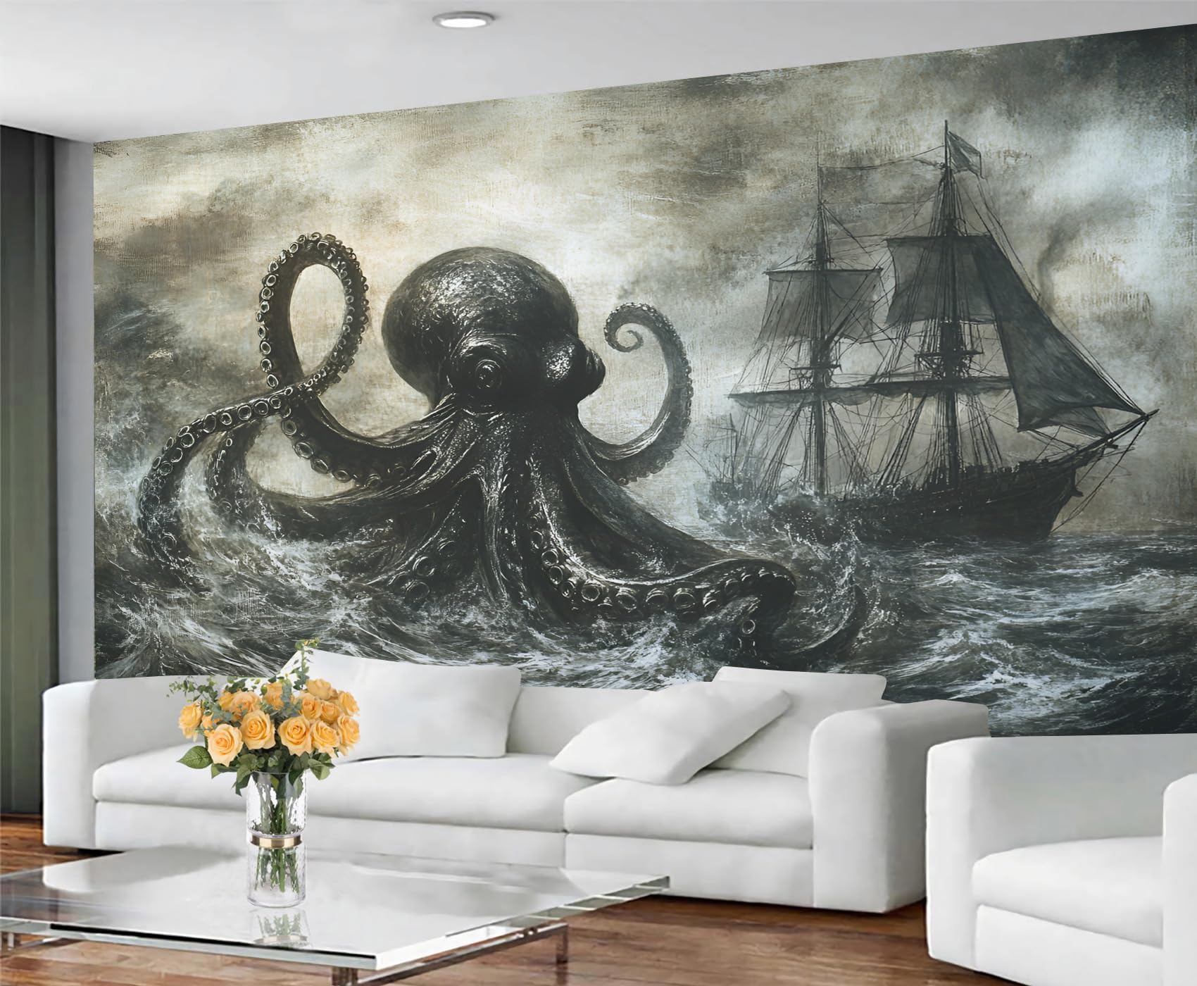 Nautical Octopus Mural 3D - Ocean Tentacles Wall Paintings, Kraken 3D Wall Mural for Living Room Bedroom, Black White Tentacles Murals for Kids Room - 110