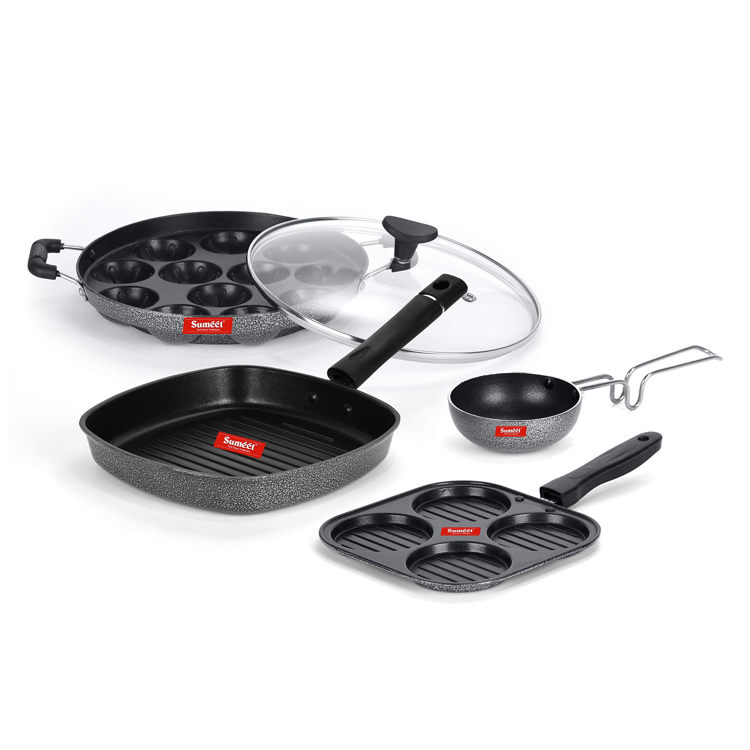 Sumeet NonStick Must Cookware Set (Mini Multi Snack Maker - 4 Cavity -19.5cm + Grill Appam Patra with Glass Lid - 12 Cavity - 22cm Dia + Grill Pan-22cm Dia + Waghariya/Tadka pan - 190Ml - 10Cm Dia) - Image 7 thumbnail