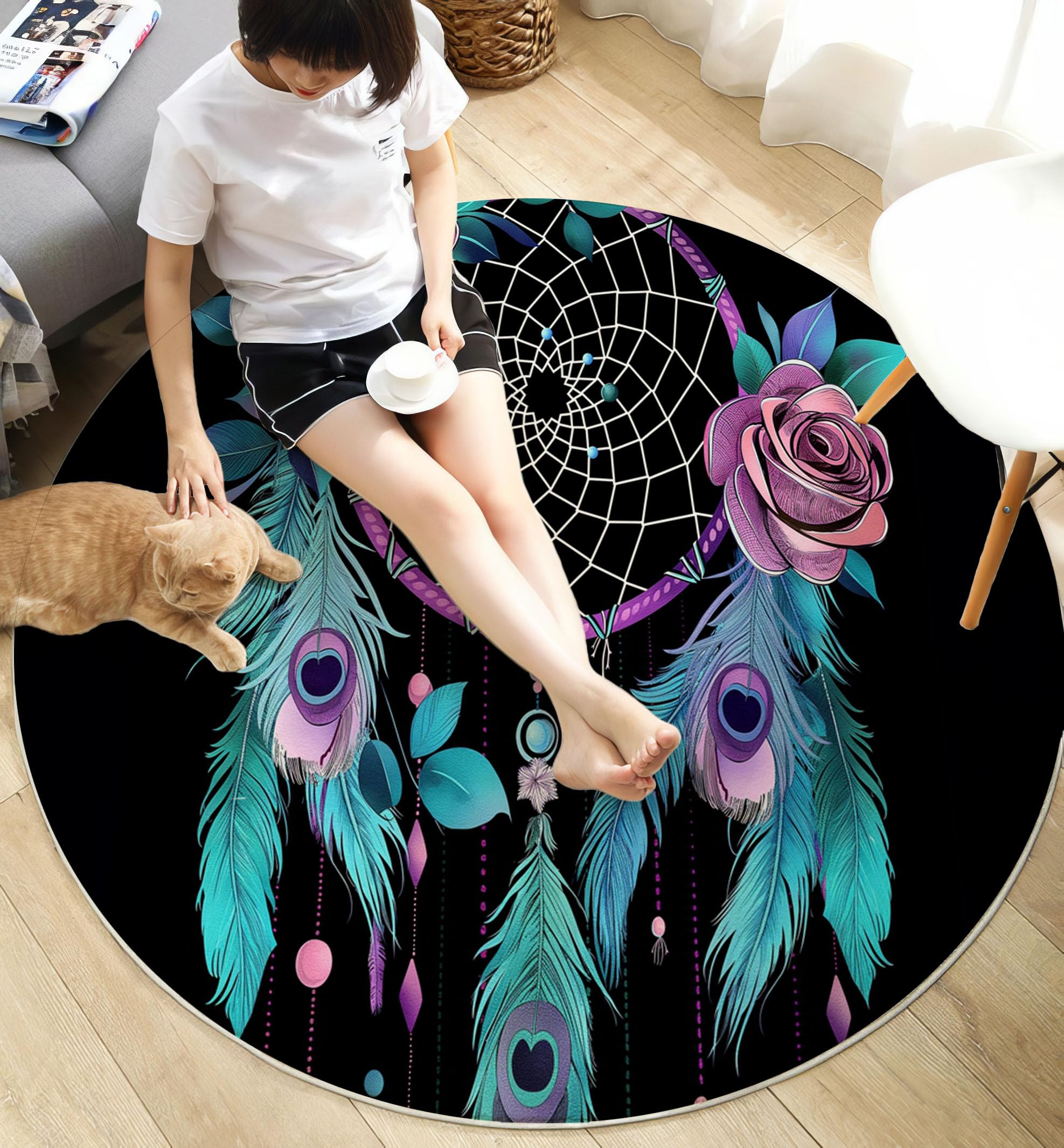 Kinder Teppich rund 120cm – Waschbar & rutschfest | Traumthema Aquarell-Traumfänger für Jungen & Mädchen – Kinderzimmer, Babyzimmer, Wohnzimmer – blau-violett