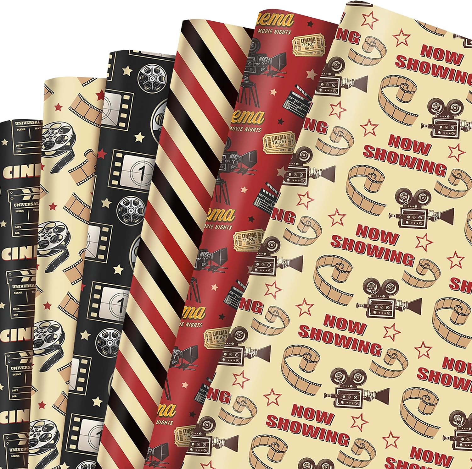 Unique Vintage Movie Night Gift Wrap Set Cinema Wrapping Papers Set of 6 Sheets in 6 Designs, NOW SHOWING, CINEMA, Classic Film Reel, Theater Ticket Patterns Gift Wrap for Birthday, Movie Lover, PartyPresent