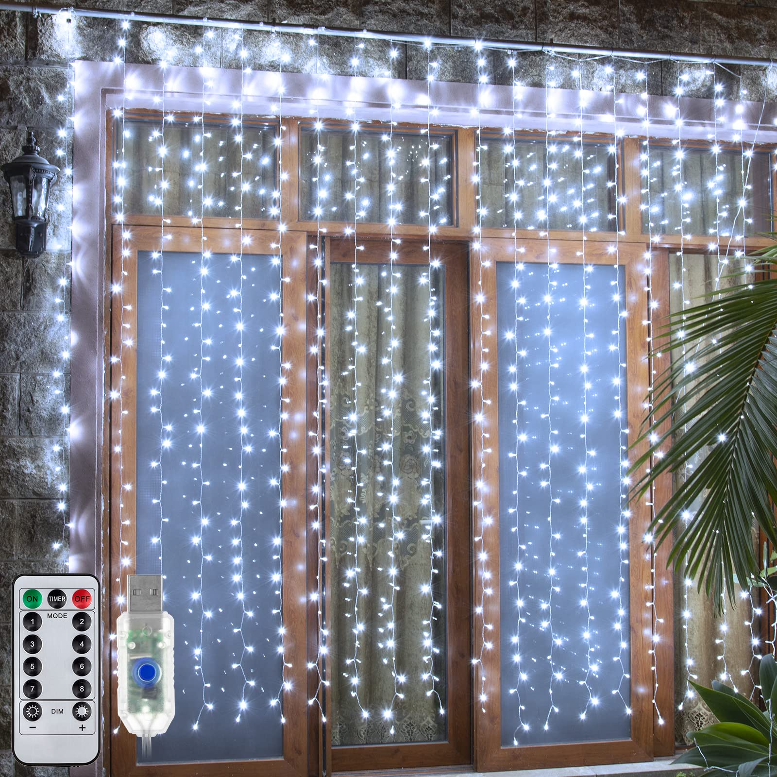 Ollny Curtain Fairy Lights Outdoor, 300 LED 3Mx3M Wall Curtain String Lights USB Powered Waterproof Fairy Lights for Bedroom with Remote Control for Christmas Party Home Garden Decoration