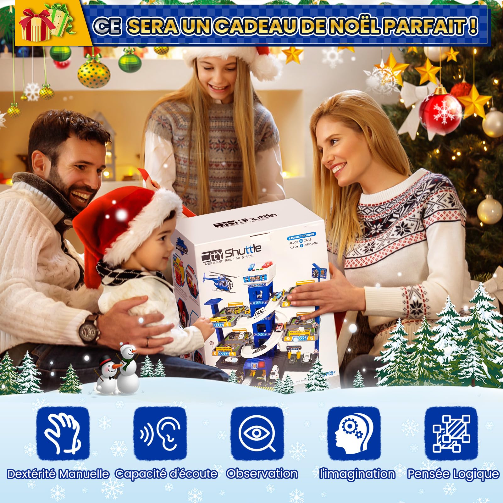 BuzzoXerex 5 Etages Garage pour Enfants, Piste de Course avec 14 Voitures et 2 Hélicoptère, Jouet Garage Voiture avec Ascenseur Electrique Circuit, Cadeaux pour Enfants 5 6 7 8 9 Ans (Police)