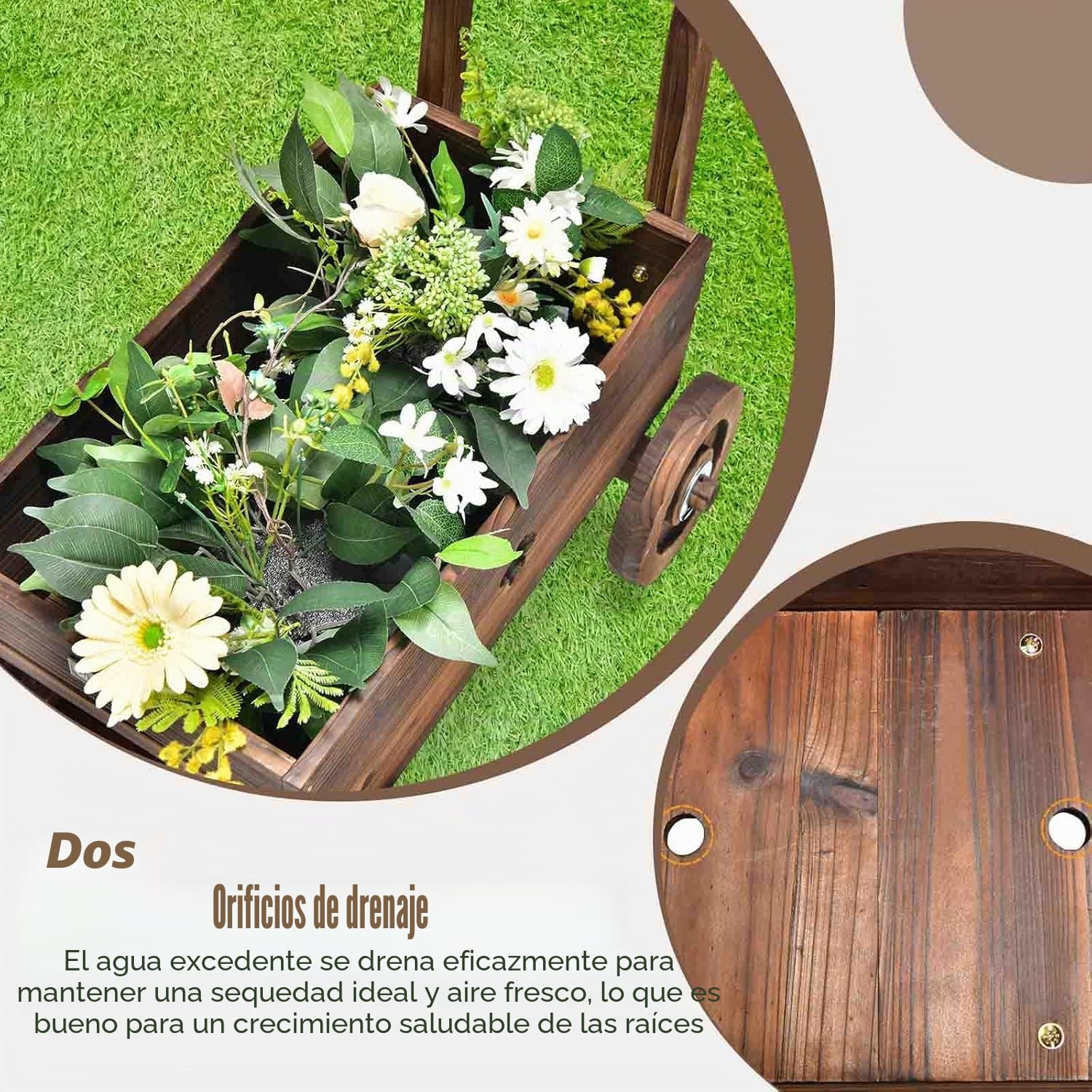 FANTASK Carro de Flores de Madera con Ruedas y asa, Carro de Plantas con Orificio de Drenaje, Carretilla rústica para jardín, terraza, Maceta, Carretilla, decoración de jardín, Jardinera