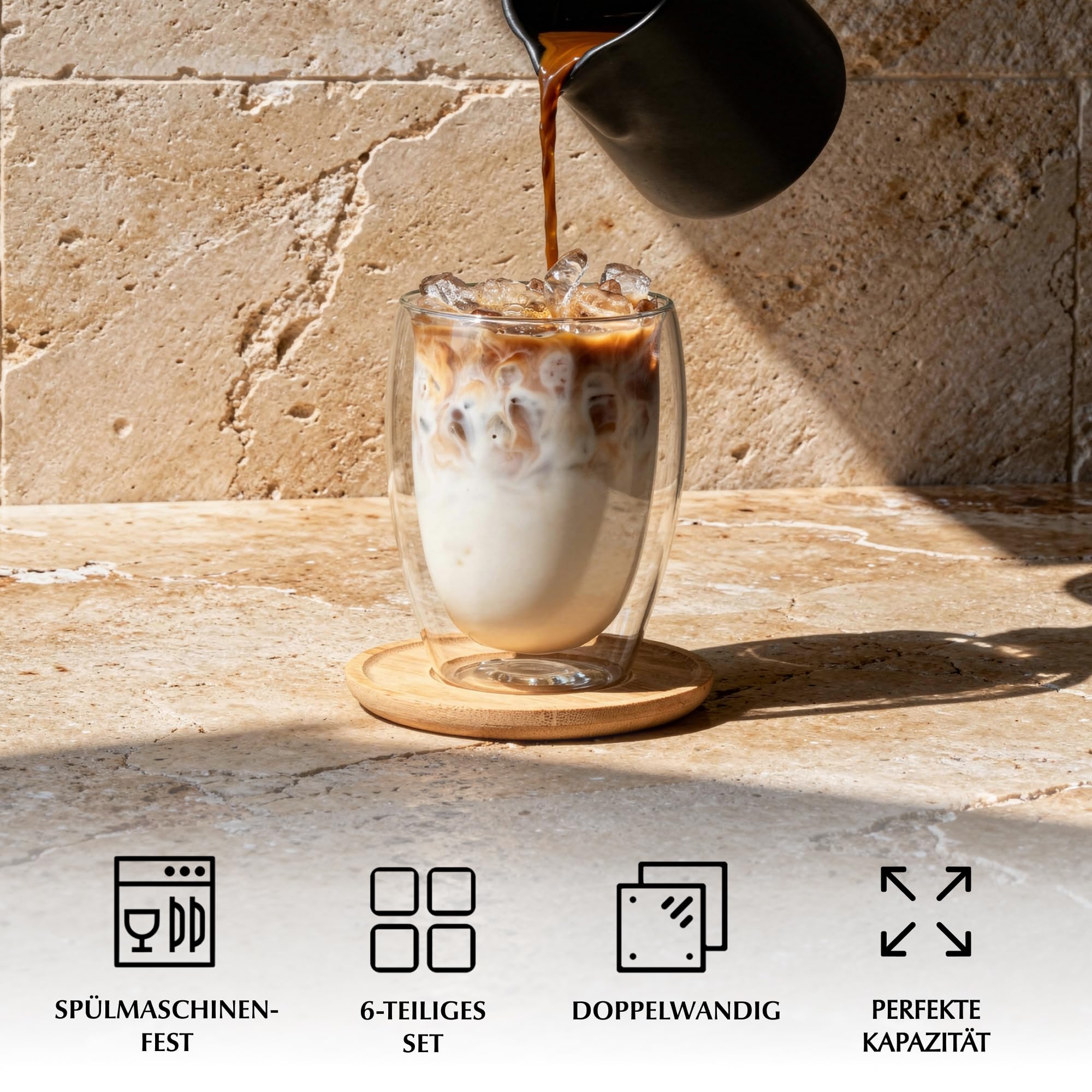 MIAMIO - Latte Macchiato Tassen/Doppelwandige Gläser Set 6er (350 ml) | Kaffeetassen ohne Henkel aus Glas, Thermogläser für Latte Macchiato, Tassen Set mit Untersetzern - spülmaschinenfest