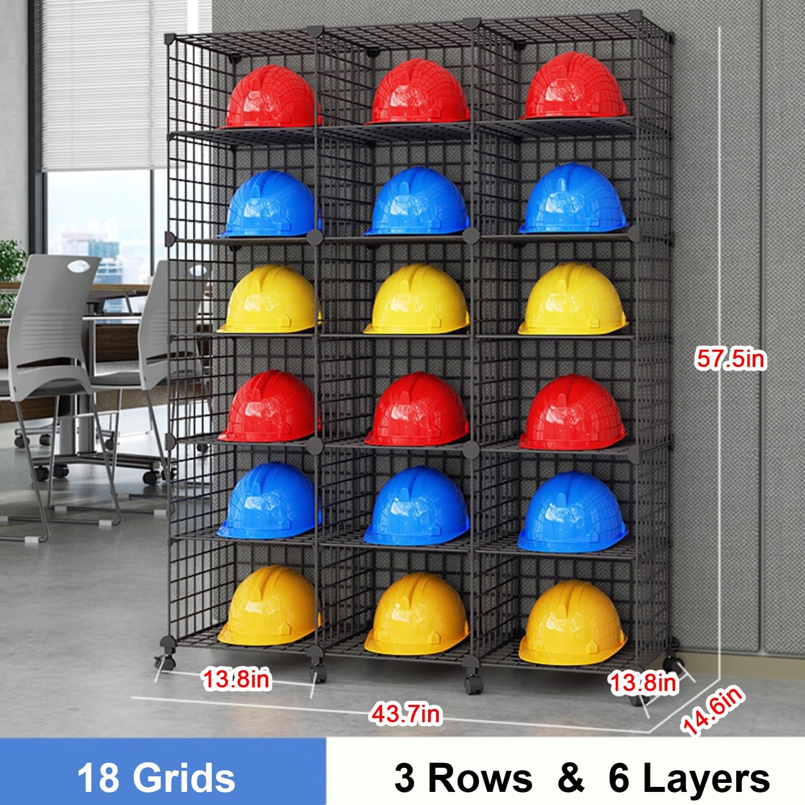 Soporte para Cascos de Seguridad Negro de Alta Resistencia - Soporte apilable para Cascos para Obras de construcción, garajes, talleres y fábricas - 18 Cajas de Almacenamiento de p