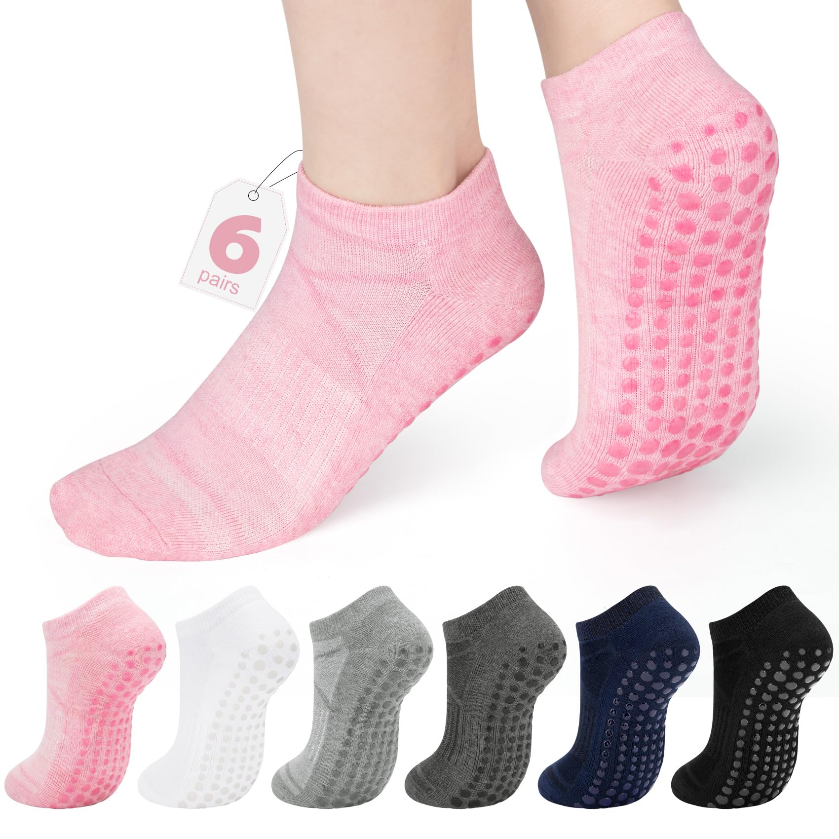 Aurmly 6 Paar Pilates Yoga Socken Damen Stoppersocken Damen, Atmungsaktive Hausschuhsocken, Baumwoll Slipper Grip Socken, Female Stoppersocken Tanzen, Übung, Fitness, Laufen EU35-40