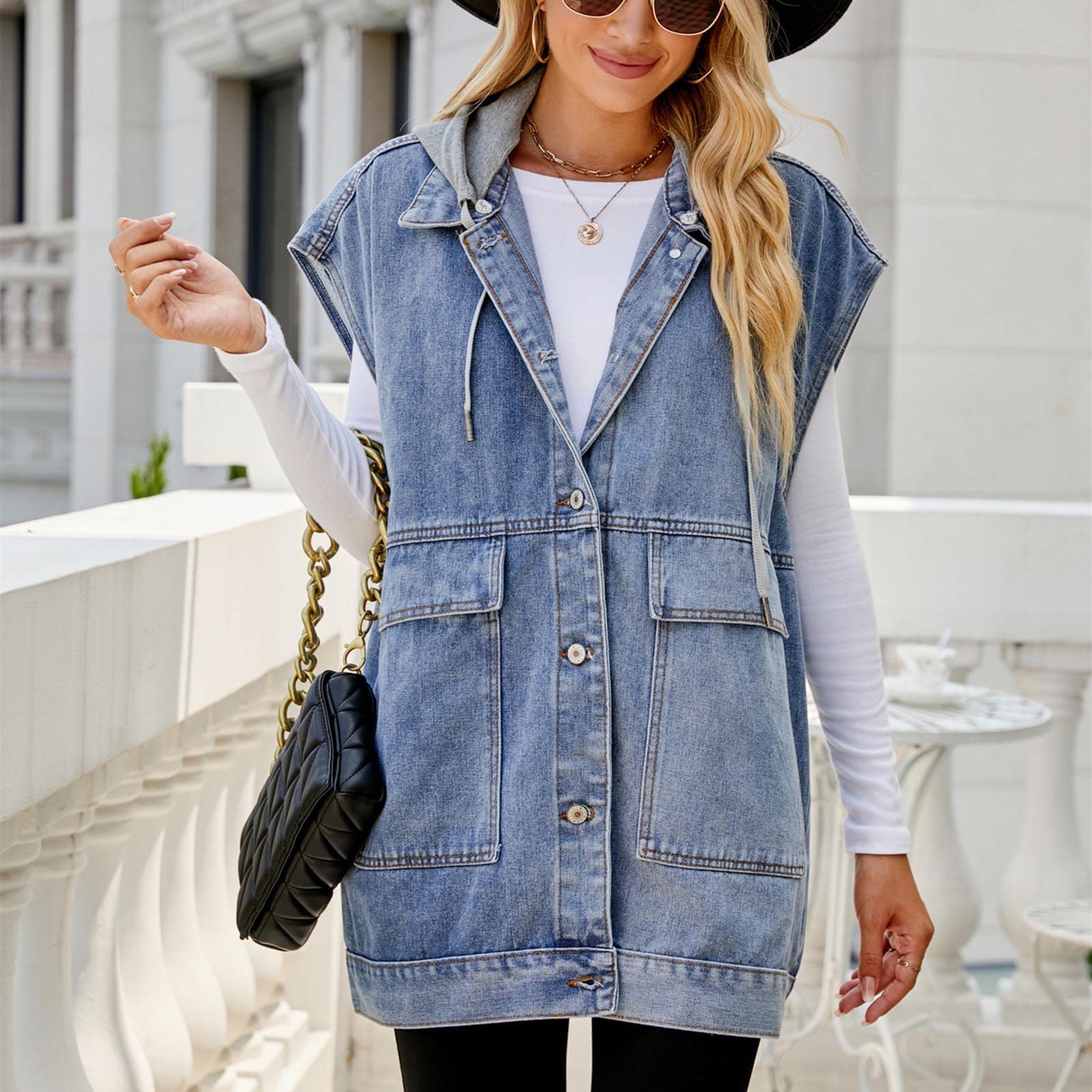2023 Gilet Veste en Jean Femmes à Capuche Couleur Unie sans Manches Denim Vintage Col en V Bouton Gilet Débardeur Veste Cardigan Décontracté Veste en Jean Casual Court Gilet Manteau avec Poches
