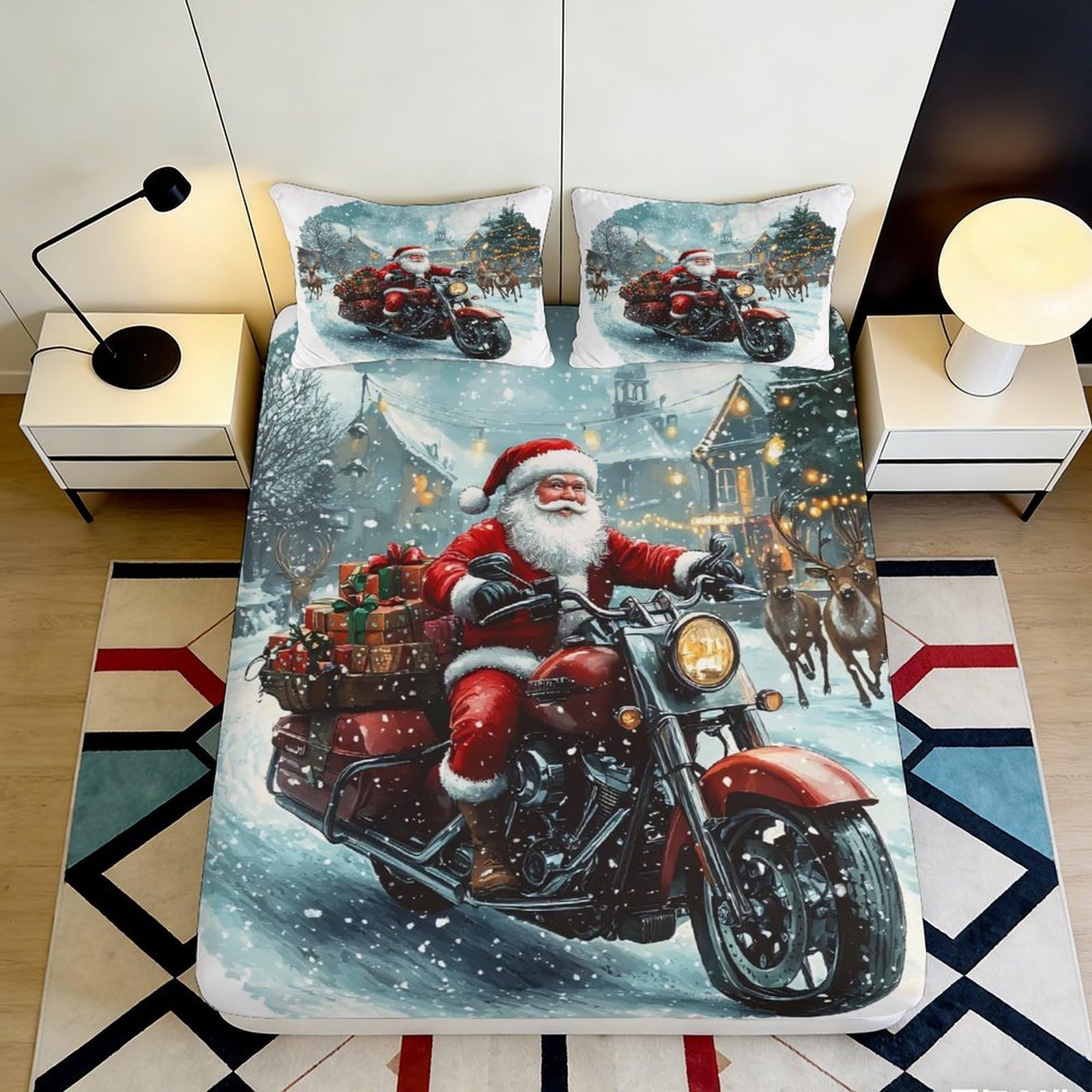 Pnayamiorkfel Style-10 3D Printed Santa On Motorcycle Fitted Sheet Microfiber Christmas Snow Village Bed Cover For Bedroom Home Decor 90X200x25cm