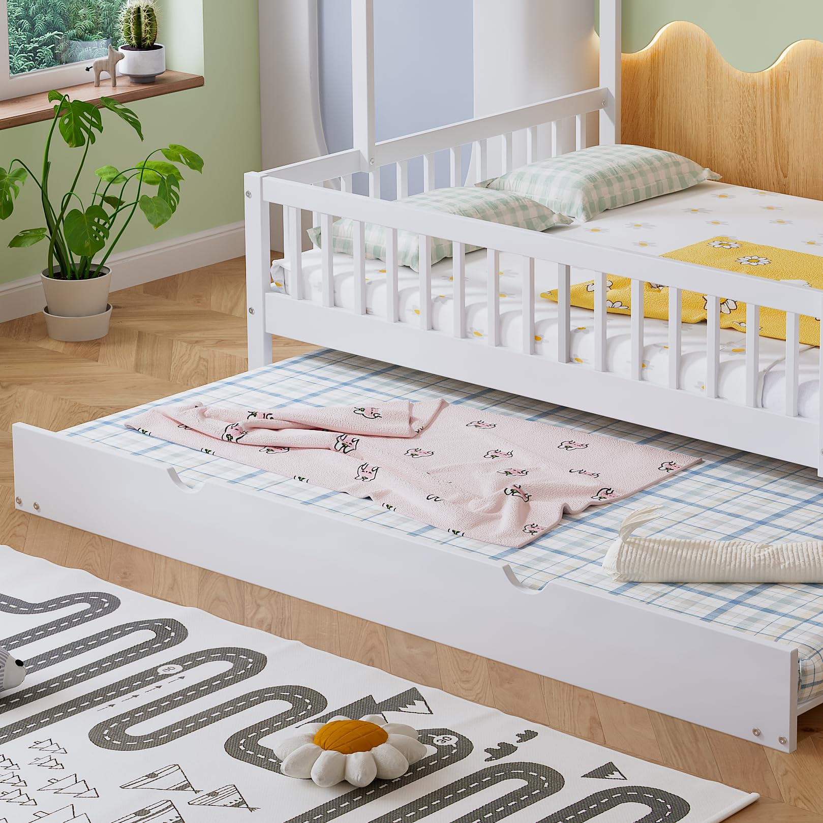 LAKFEW Cama Casita Cama Infantil 120x200 cm con Cama Nido, Camas Montessori Infantil con Techo y Barandilla de Seguridad, Camas Infantiles para 2 Niños, Blanco, Sin Colchón