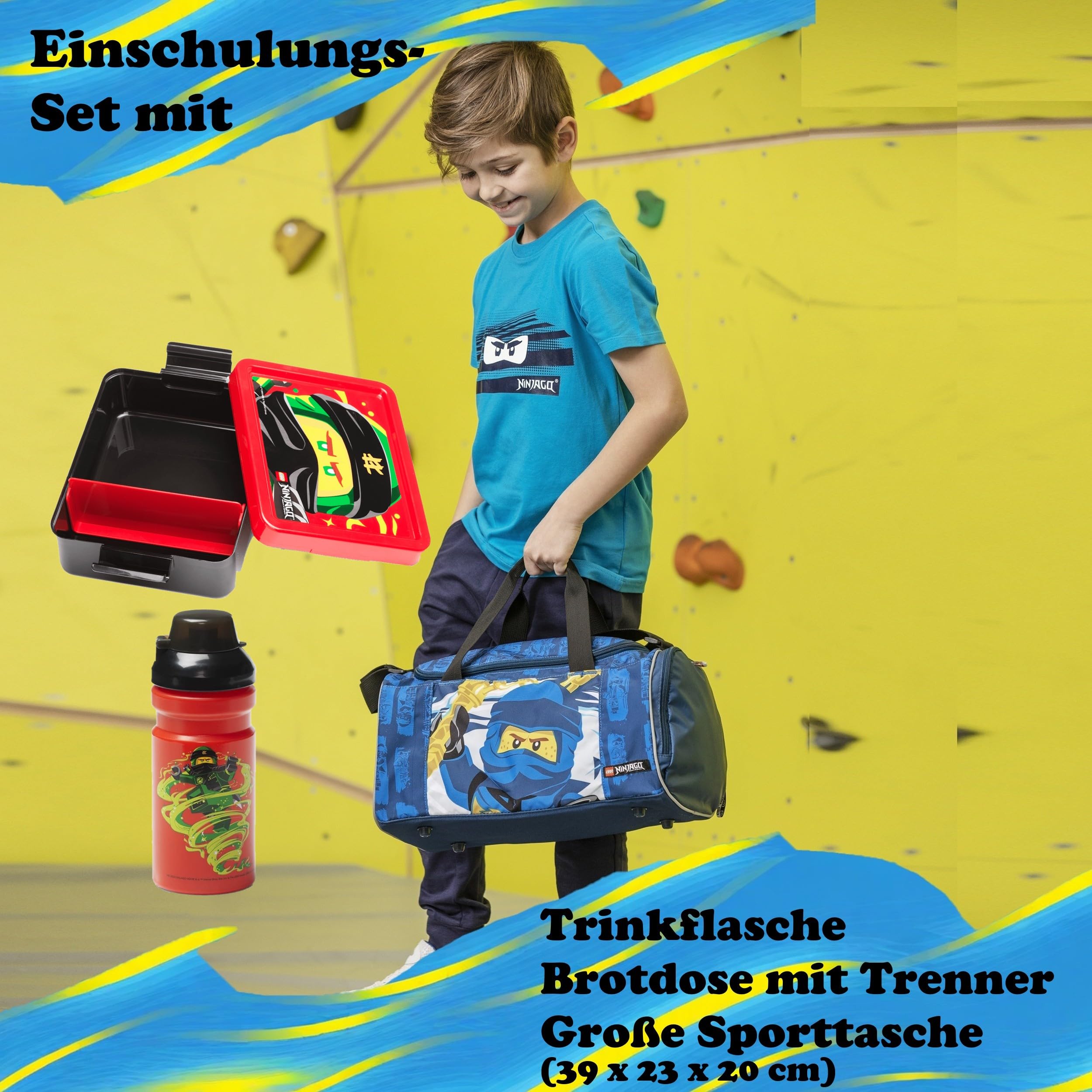 Familando - Schulranzen Set 9-teilig mit Sporttasche - Ninjago Blau - Ergonomisch, stabil & mit gepolstertem Rücken - 790g leicht mit 16L Volumen - wasserabweisend und mit Reflektoren - Ab 1. Klasse