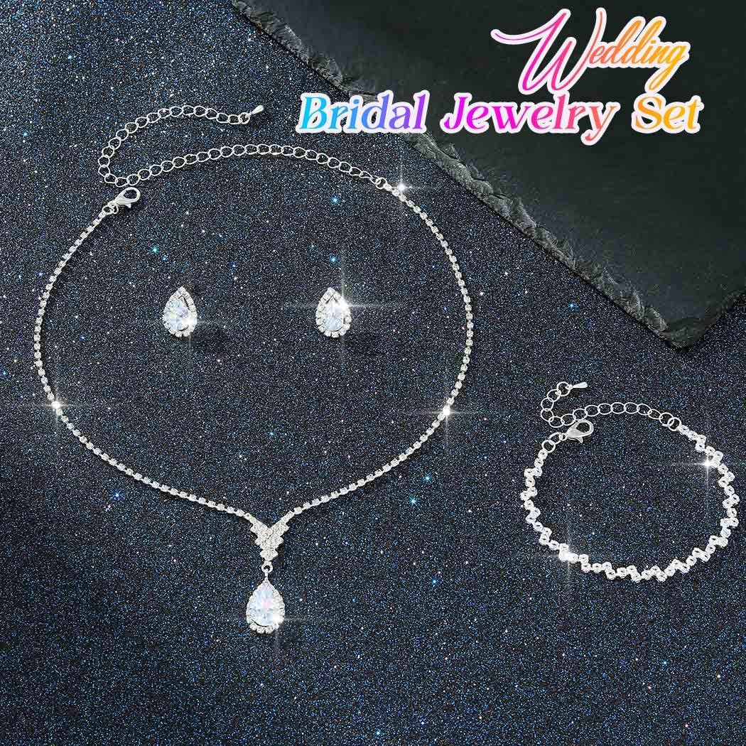 Aukmla Silver Crystal Bridal Wedding Jewelry Set Rhinestones Necklace Bracelet Earring Sets Prom Jewelry for Women and Brides - Image 4
