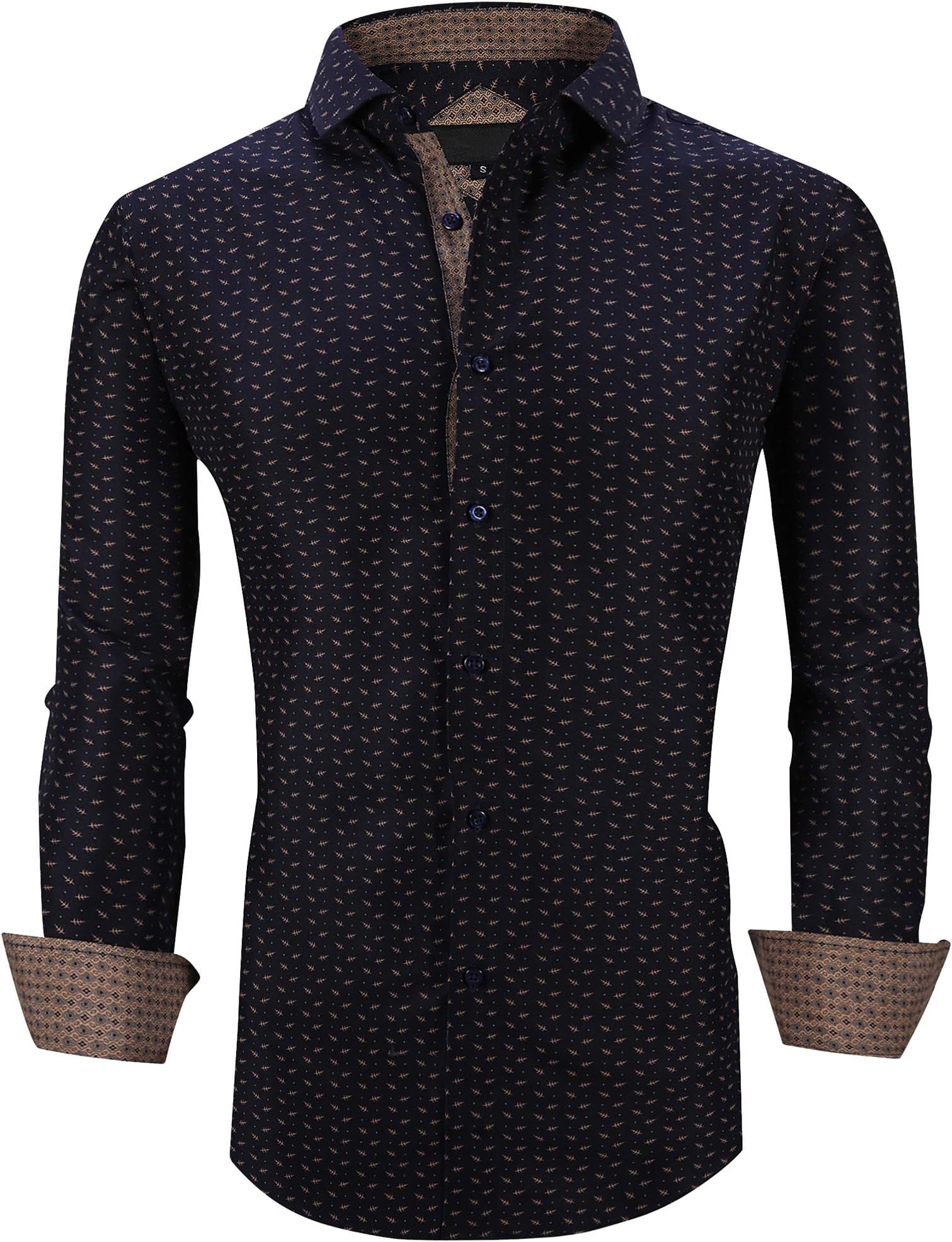 WARHORSEE Mens Casual Button Down Dress Shirts Long Sleeve 4-Way Stretch Collared Printed Business Work Shirt