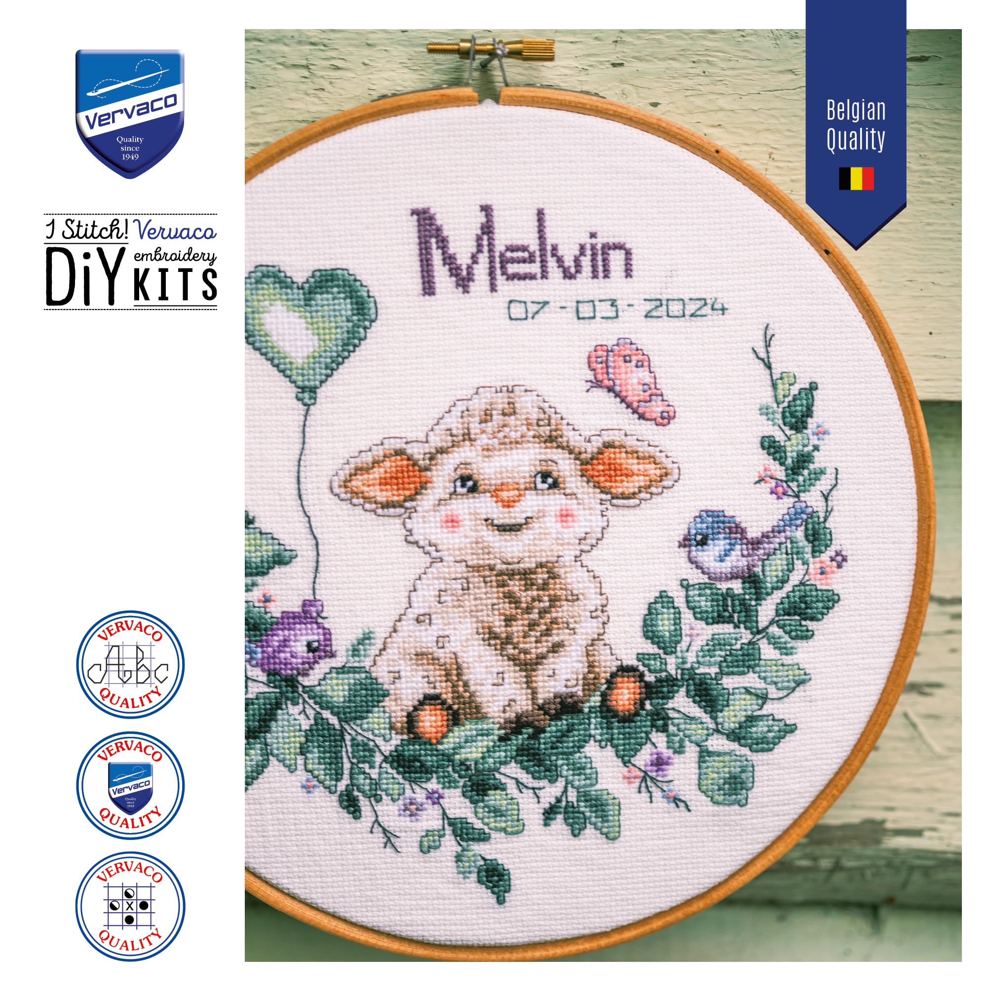 Vervaco Kit Punto De Cruz Bebe Nacimiento Regalos DIY Completo OVEJACreativo Manualidades Creatividad Adultos Decoracion Pared Bordar Kit Principiantes ca. 20 x 20 cm Cross Stitch