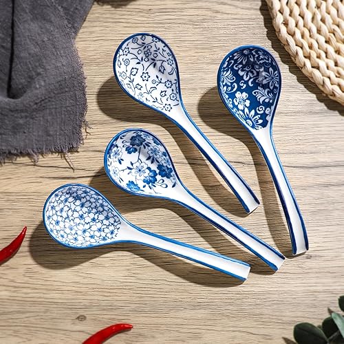 Miniatura 8 de Cucharas de sopa de cerámica asiática cucharas de sopa juegos de 4 cucharas de sopa japonesas de mango largo, cucharas de ramen de porcelana azul