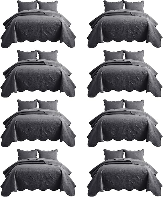 IR Imperial Rooms 8 Pack Quilt King Size Bedding (106" x 96") - Bulk Wholesale for Hotels, Guest Bedroom & Airbnbs - Lightweight Microfiber Reversible Floral Embossed Quilts Bedspreads (Charcoal)