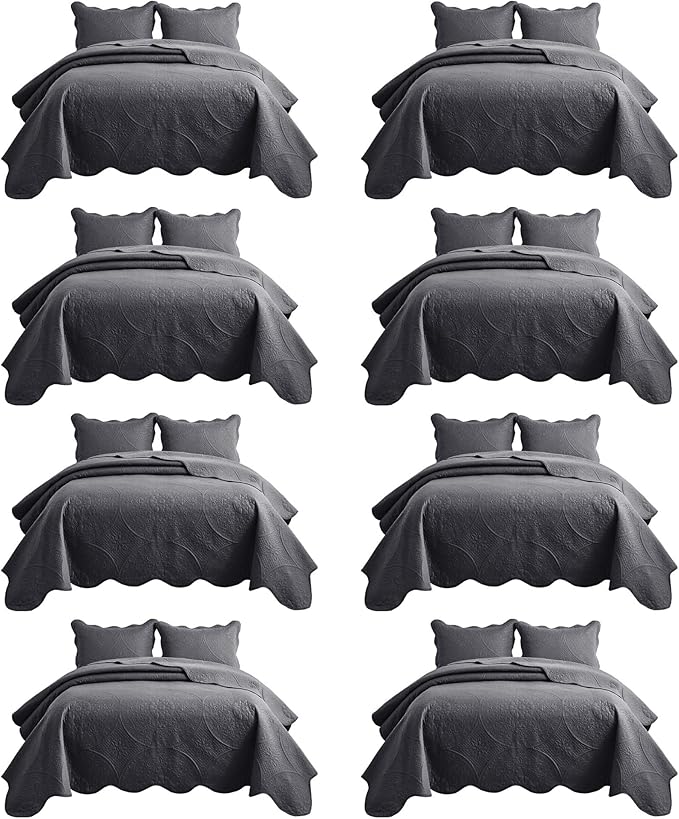 IR Imperial Rooms 8 Pack Quilt King Size Bedding (106" x 96") - Bulk Wholesale for Hotels, Guest Bedroom & Airbnbs - Lightweight Microfiber Reversible Floral Embossed Quilts Bedspreads (Charcoal)