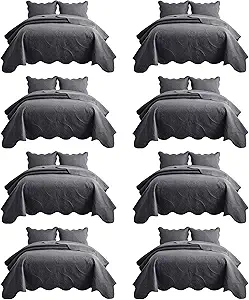 IR Imperial Rooms 8 Pack Quilt King Size Bedding (106" x 96") - Bulk Wholesale for Hotels, Guest Bedroom & Airbnbs - Lightweight Microfiber Reversible Floral Embossed Quilts Bedspreads (Charcoal)