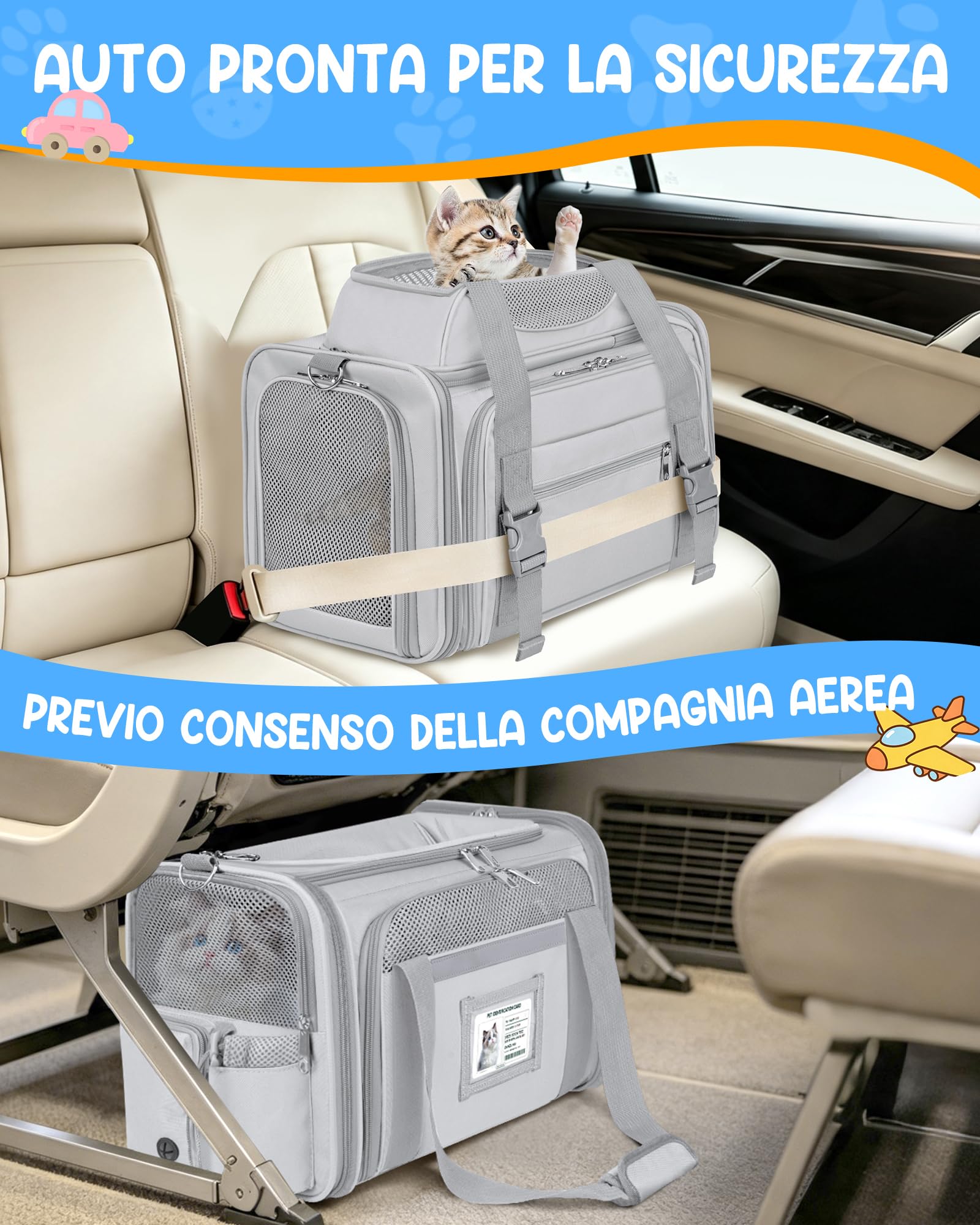 Trasportino Gatto Morbido Pieghevole Approvato Aereo Espandibile Borsa Viaggio Gatti Gatto Pieghevole Fino a 10kg Morbido Pet Carrier per Cani con Cuscino Lavabile e Guinzaglio Interno