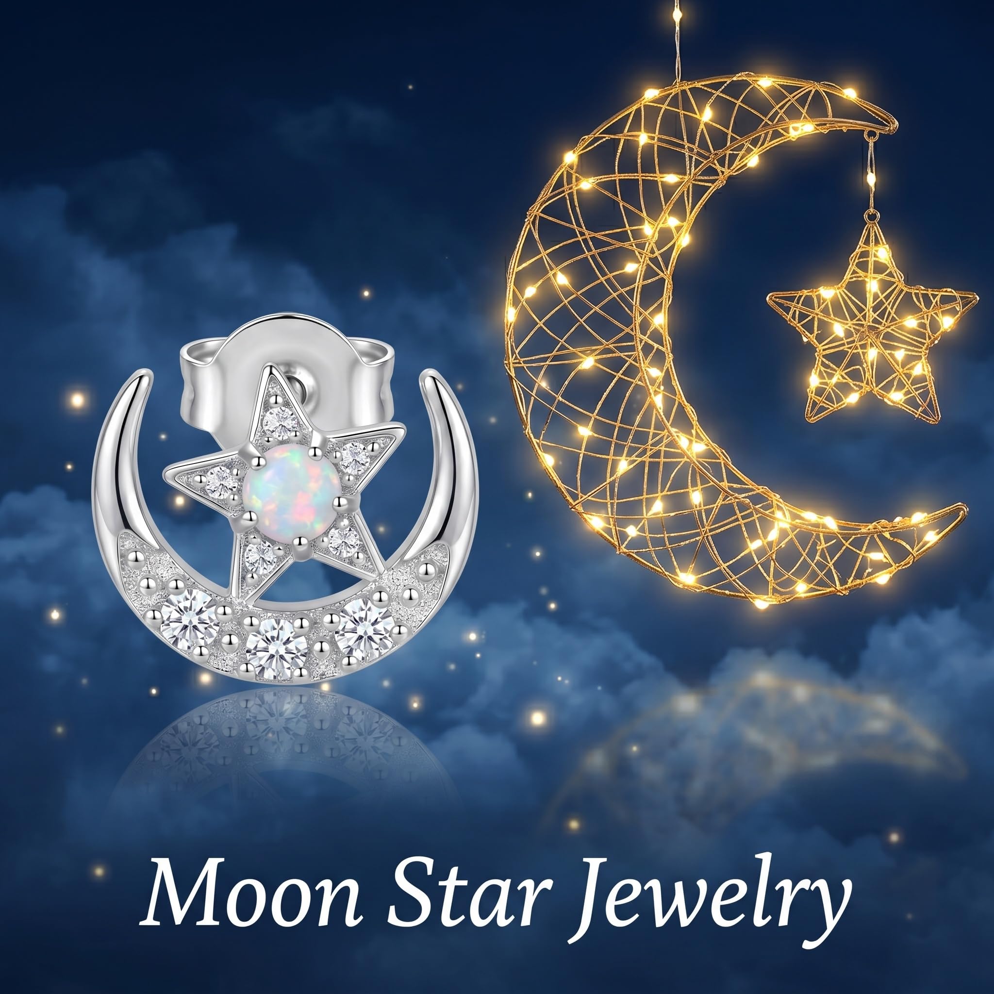 Mond und Stern-Ohrringe Ohrstecker aus 925er Sterlingsilber mit Opal-Stern, Halbmond-Schmuck, Geschenk, himmlische Ohrringe für Damen