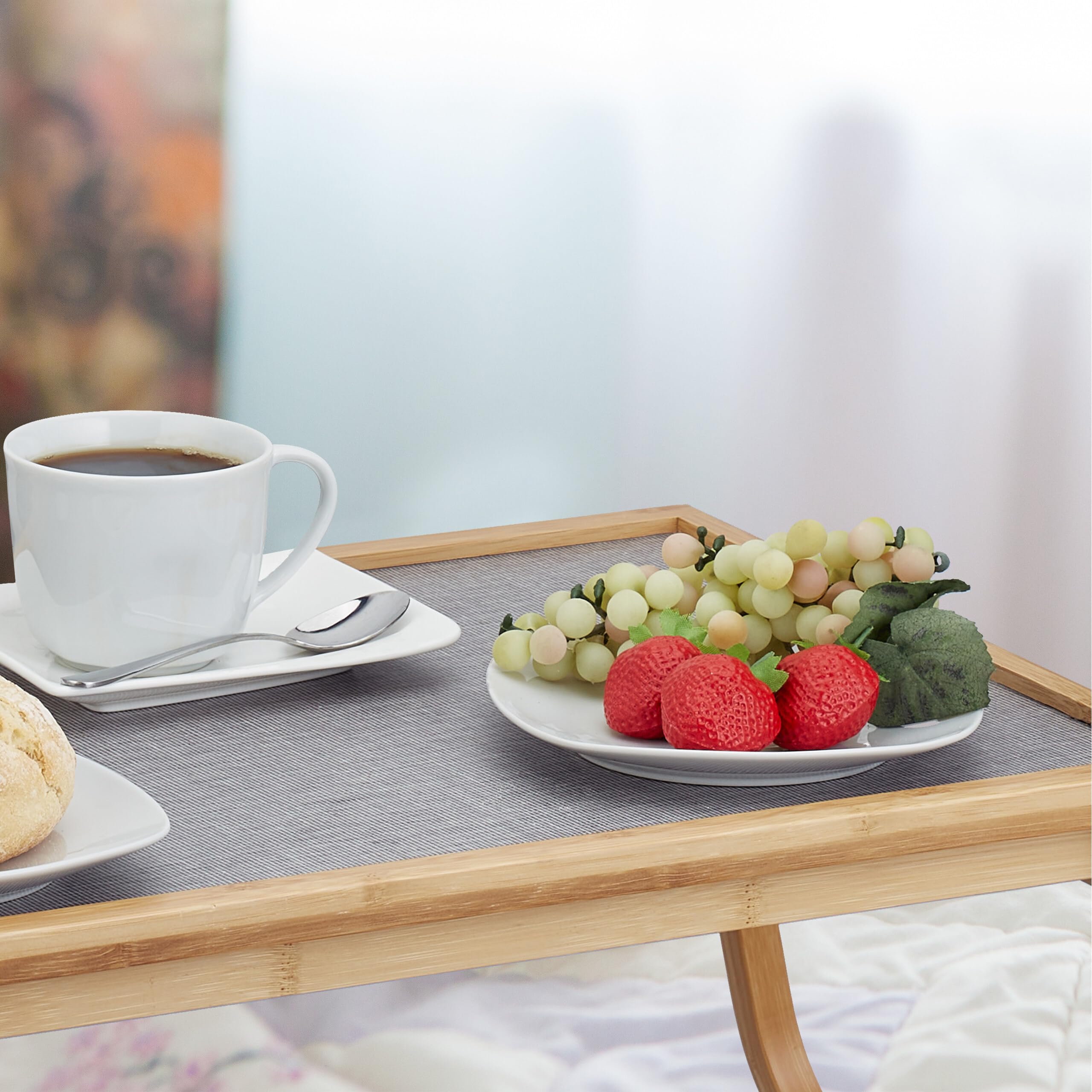 Relaxdays Bandeja de Cama de Bambú, Patas Plegables, Borde Elevado, para Servir el Desayuno, 23x60x33 cm, Natural y Gris