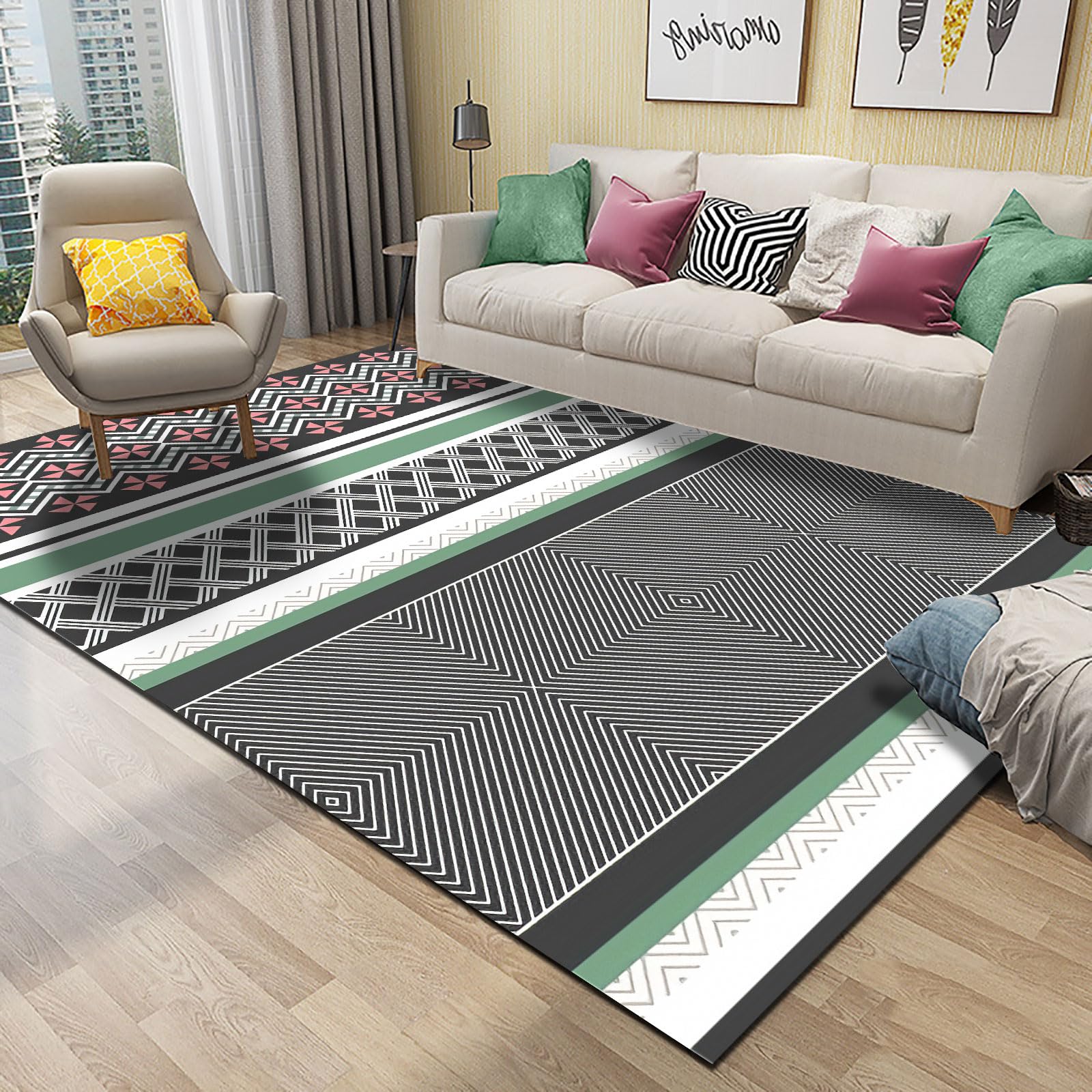 Tappeto Salotto Moderno Lavabile 140 x 160 cm Tappeto Camera da Letto Tappeto Pelo Corto Antiscivolo Morbido Tappeti Moderni Soggiorno Grandi Moderno semplice grigio nero verde