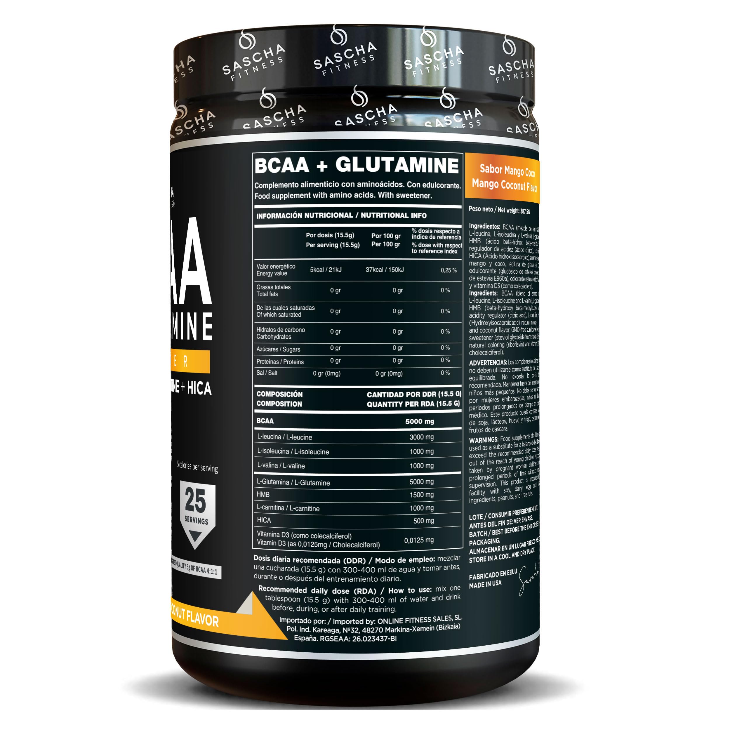 SASCHA FITNESS BCAA 4:1:1 Aminoácidos Ramificados en Polvo con Glutamina, HMB, L-Carnitina y HICA | Vegano, 0 Calorías, Sin Gluten | Intra Entreno Recuperación Muscular