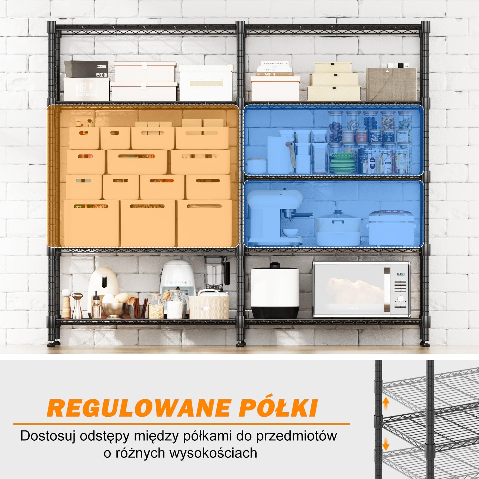 Himimi 5-stopniowy regał magazynowy do dużych obciążeń, regał garażowy, z regulacją wysokości, regał druciany, metalowy regał do przechowywania, regał do przechowywania, regał kuchenny, 180 szer. x 45