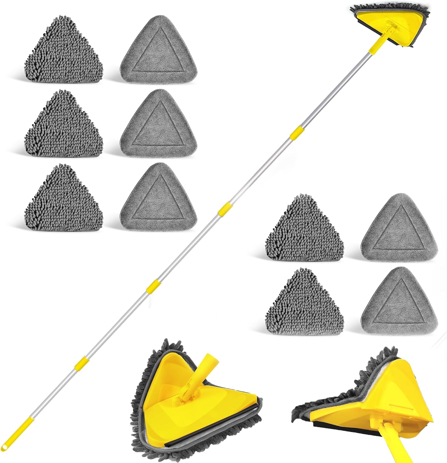 JEHONN Wall Cleaner Mop with Long Handle 80 Inches, 3-in-1 Ceiling Cleaning Tool Duster with 10 Replacement Microfiber Chenille Pads (Yellow)