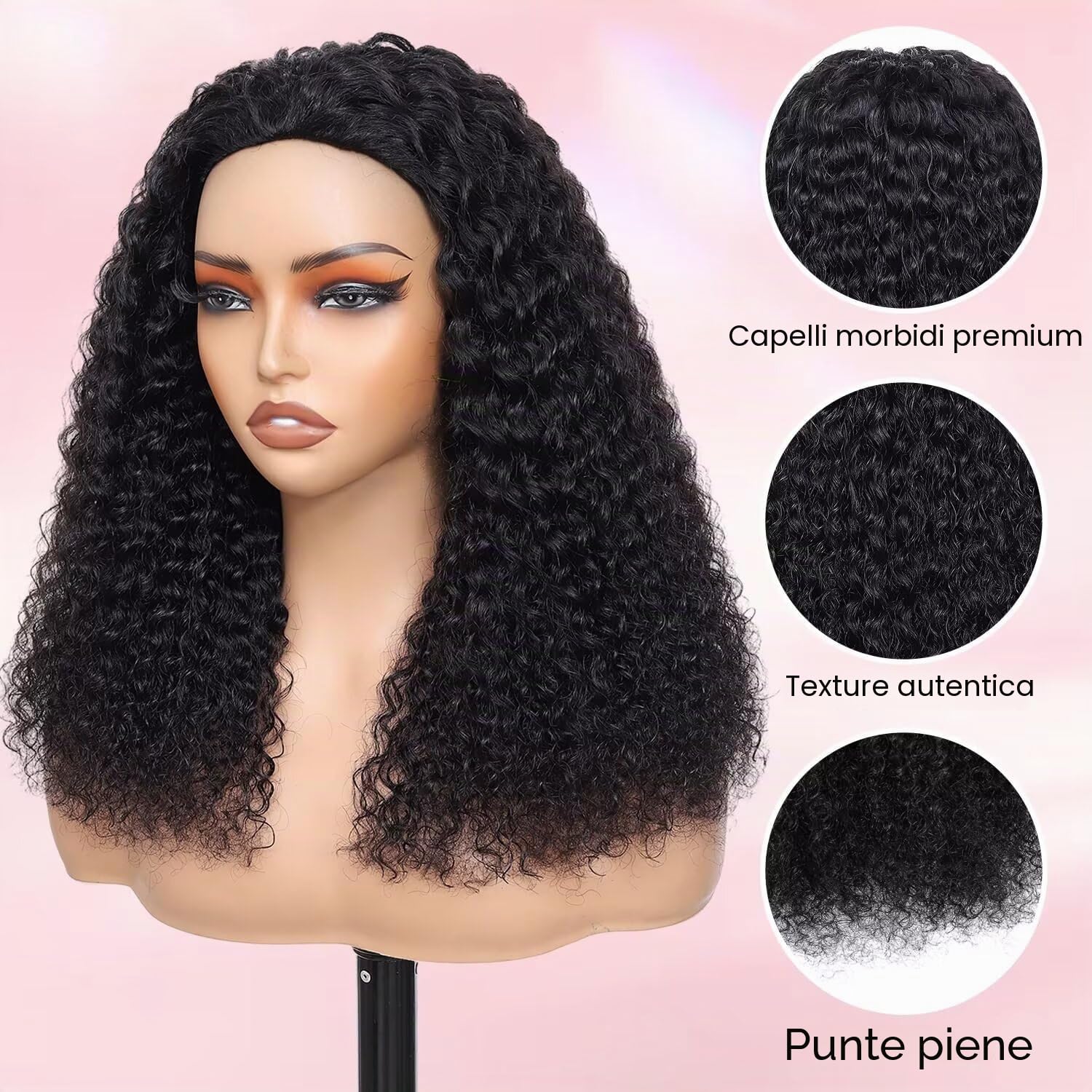 Parrucca Donna Capelli Veri Umani Kinky Curly Half Wig Human Hair Wear Go Glueless Wigs Curly 3 In 1 Half Wigs Drawstring Seamless Flip Headband Wig Beginner Friendly Parrucca Riccia Donna 14 Inch
