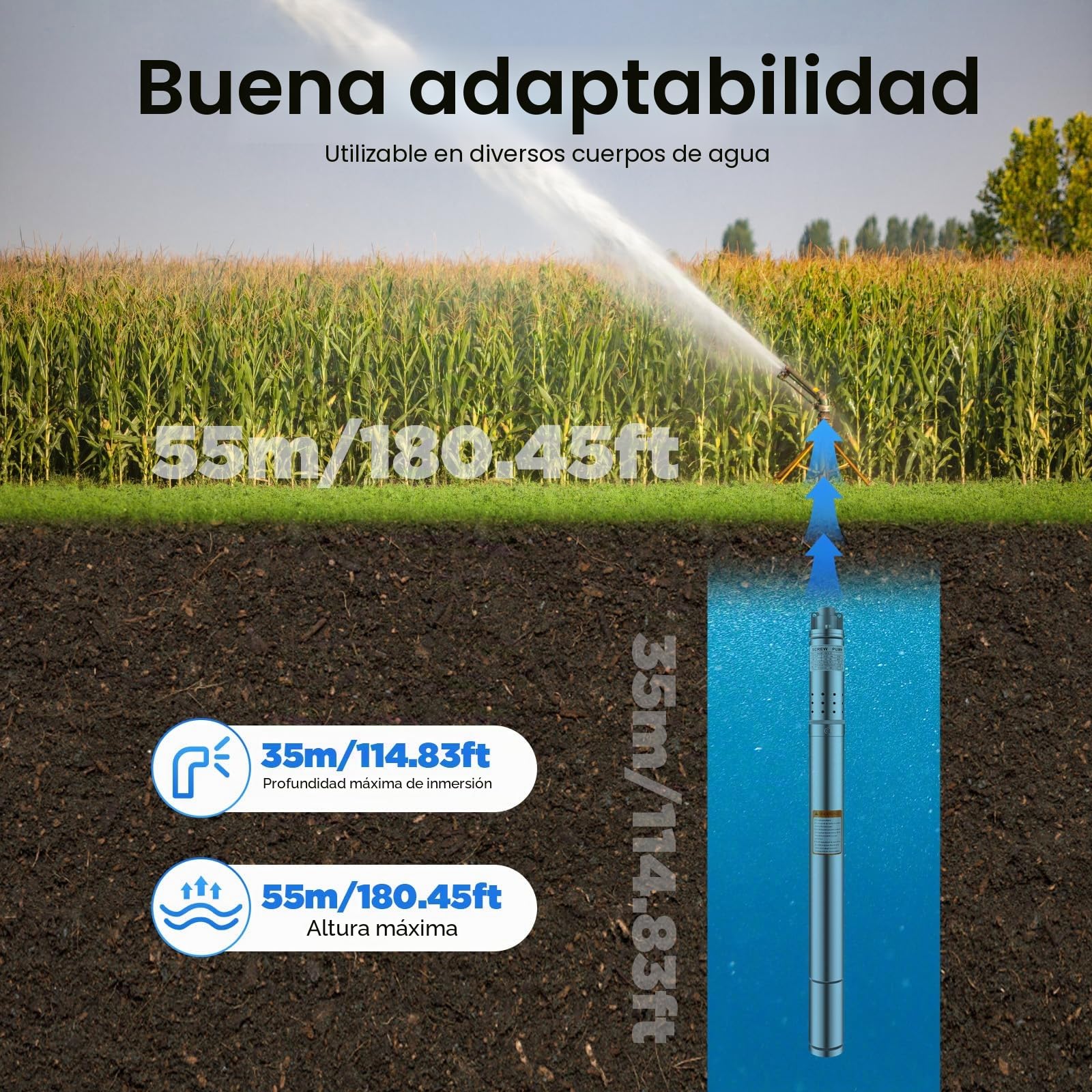 Bomba para pozos profundos de 2 pulgadas Bomba para pozos 370W Bomba sumergible de acero inoxidable, altura máxima de elevación de agua 55m, profundidad máxima de agua 35m, bomba de tubo 1000 L