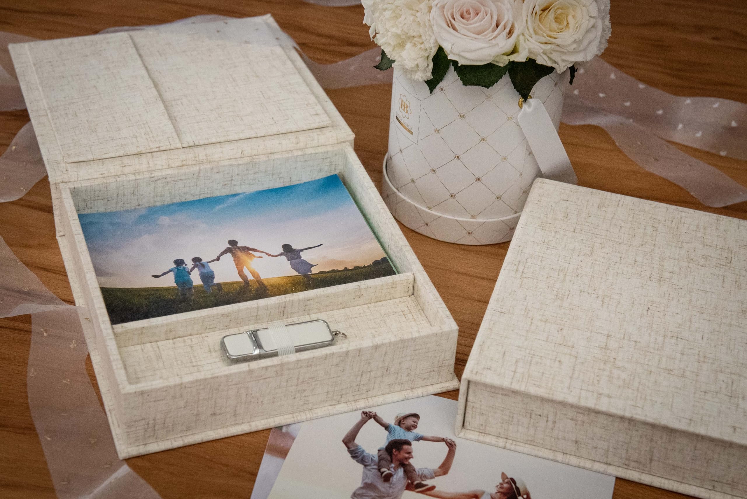 Boîte de rangement USB/DVD de mariage avec boîte photo, 13 x 18 cm, en lin (naturel)