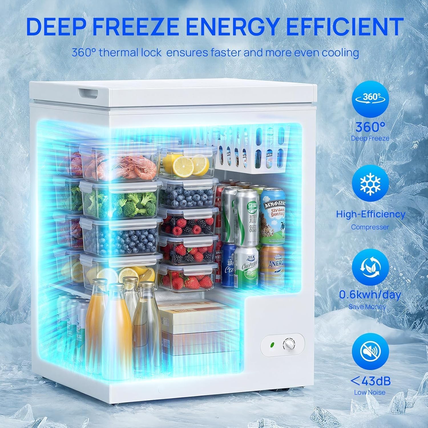 Electactic Chest Freezer 5.0 Cu.Ft, Deep Freezer With 3 Removable Baskets, Adjustable Temperature, Free-Standing Top Open Door, Quiet Energy-Saving Compact Freezer For Home/Office/Garage/Dorm, White on Fridge.com - View 2