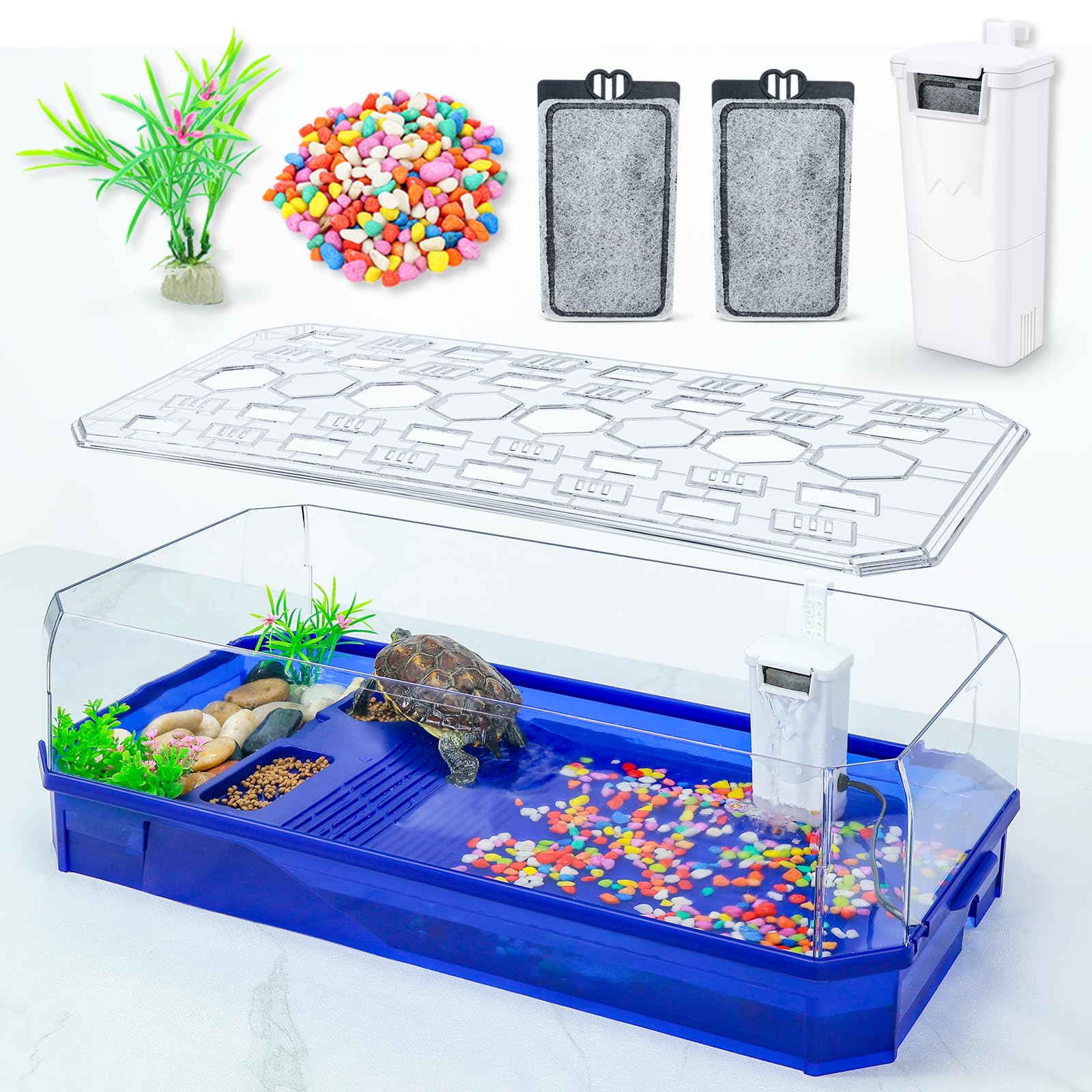 turtle cage tortoise terrarium with pump?filter with shower function easy to change water and clean water for turtle horned frog hermit crab blue, xl