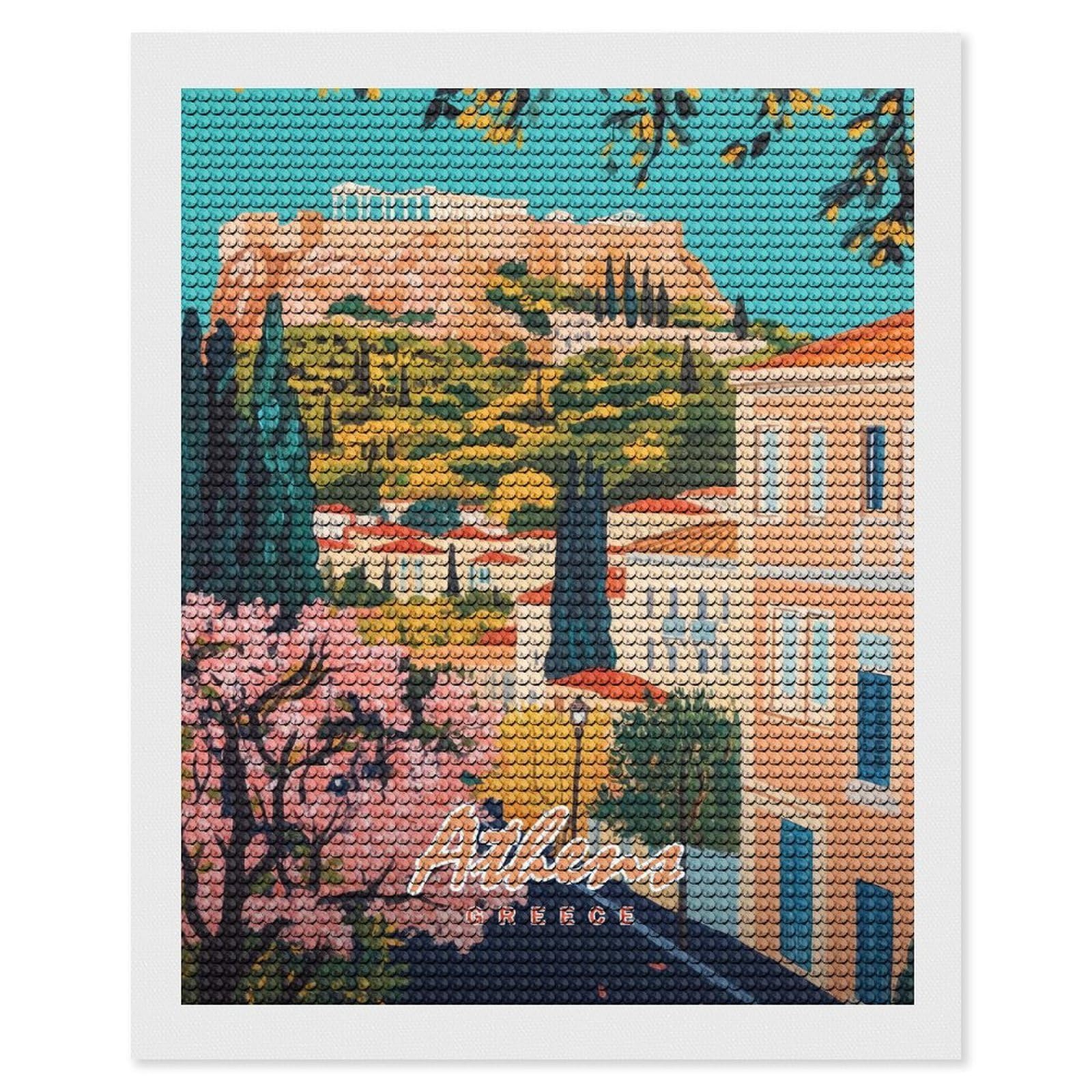 Junmoney Athens, Greece Painting Diamond Art Kit 16"x20", Modern Decor, for Adults, Printed Canvas, Holiday Gift Idea, Fun Craft Experience