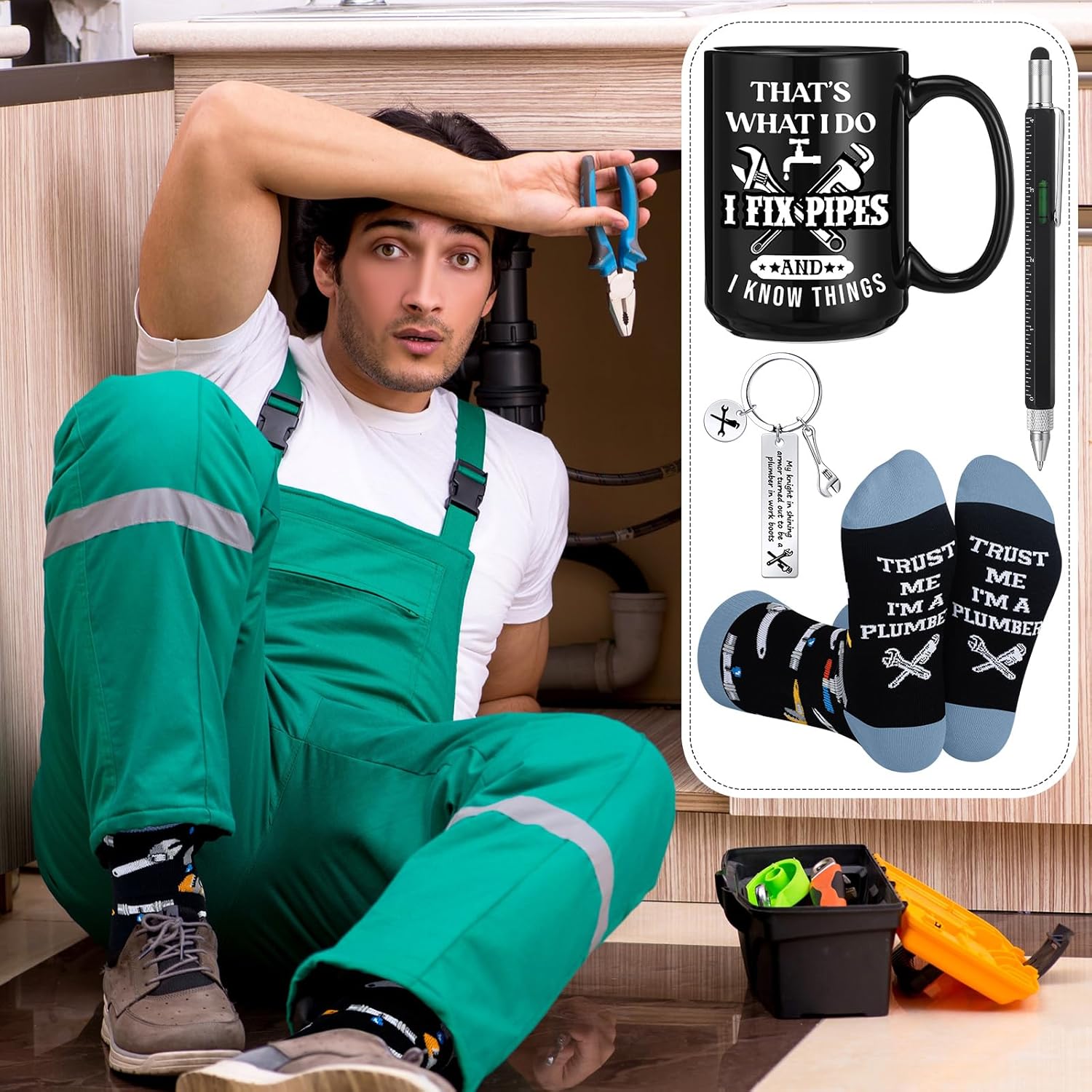 Panitay 4 Pcs Plumber Gifts Set for Men 9 in 1 Multi Tool Pen 14 oz Plumbing Coffee Mug Keychain Sock Funny Christmas Birthday Retirement Appreciation Gift for Pipefitter Tradesman Father Dad Husband