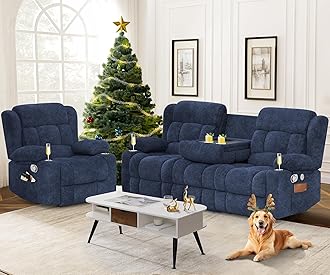 Dresegmt Loveseat Recliner Sofa Set, Flip Middle Backrest Design 3 Seater Reclining Sofa and Single Oversized Recliner Chair, Manual Couches for Living Room/RV (Blue, 3+1)