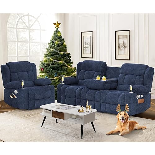 Loveseat Recliner Sofa Set, Flip Middle Backrest Design 3 Seater Reclining Sofa and Single Oversized Recliner Chair, Manual Couches for Living Room/RV (Blue, 3+1)