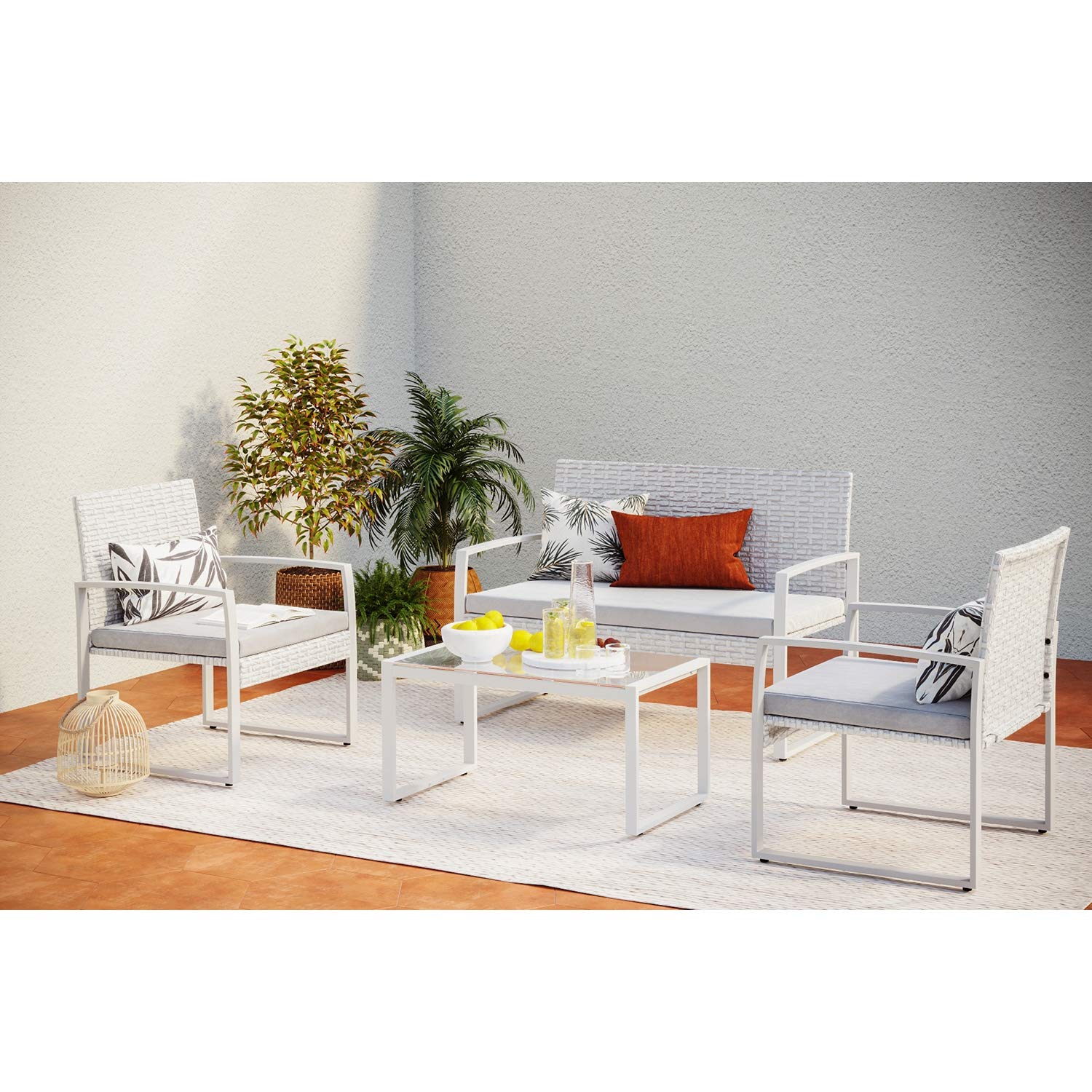 CONCEPT USINE Salon de Jardin Résine Tressée ESNA 4 Pers Gris Clair
