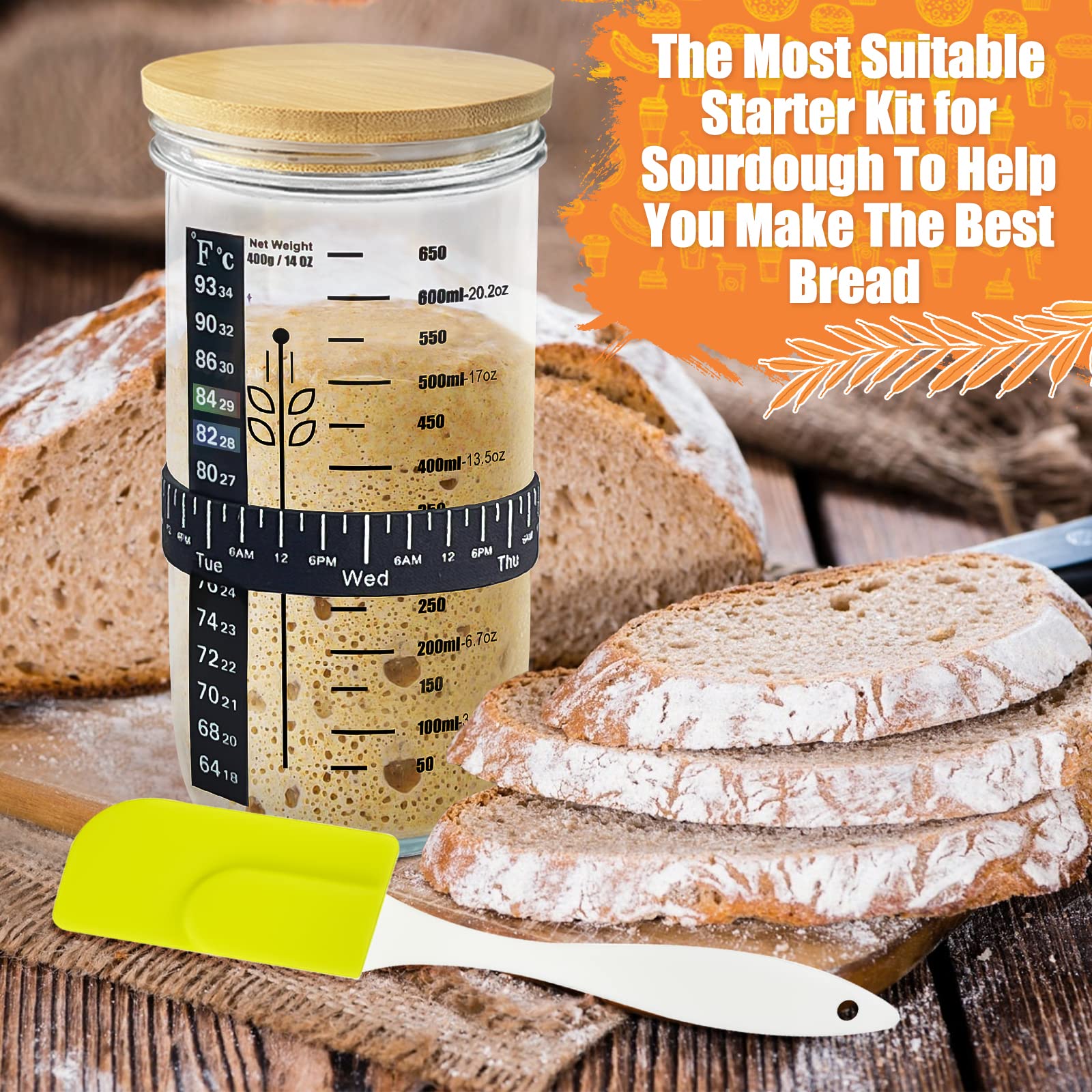 Kit de démarrage en verre pour levain - 650 ml - Récipient à levain réutilisable pour une cuisson facile du pain - Facile à utiliser et à nettoyer - Cadeau parfait pour la pâtisserie