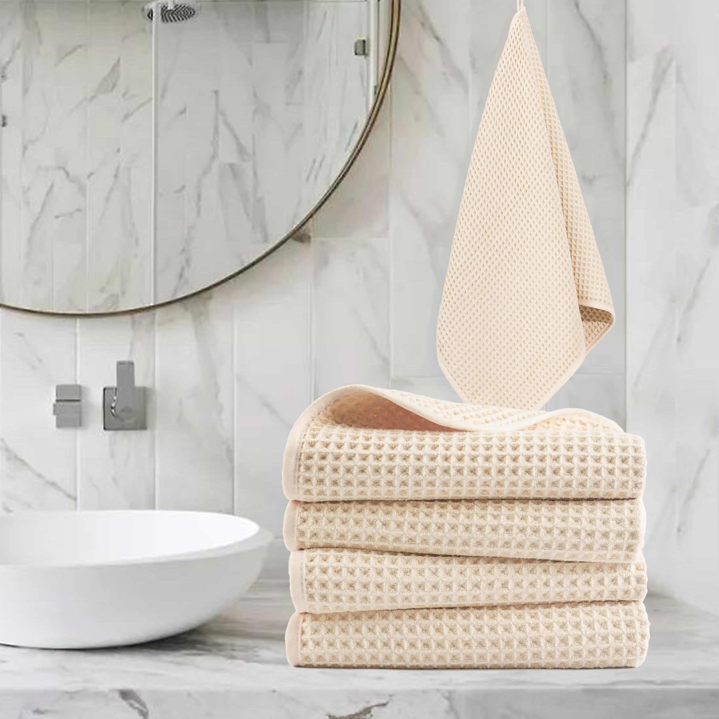 POLYTE Microfibre Lint Free Hand Towel, 40 x 76 cm, 4 Pack (Light Beige, Waffle Weave) - Image 2