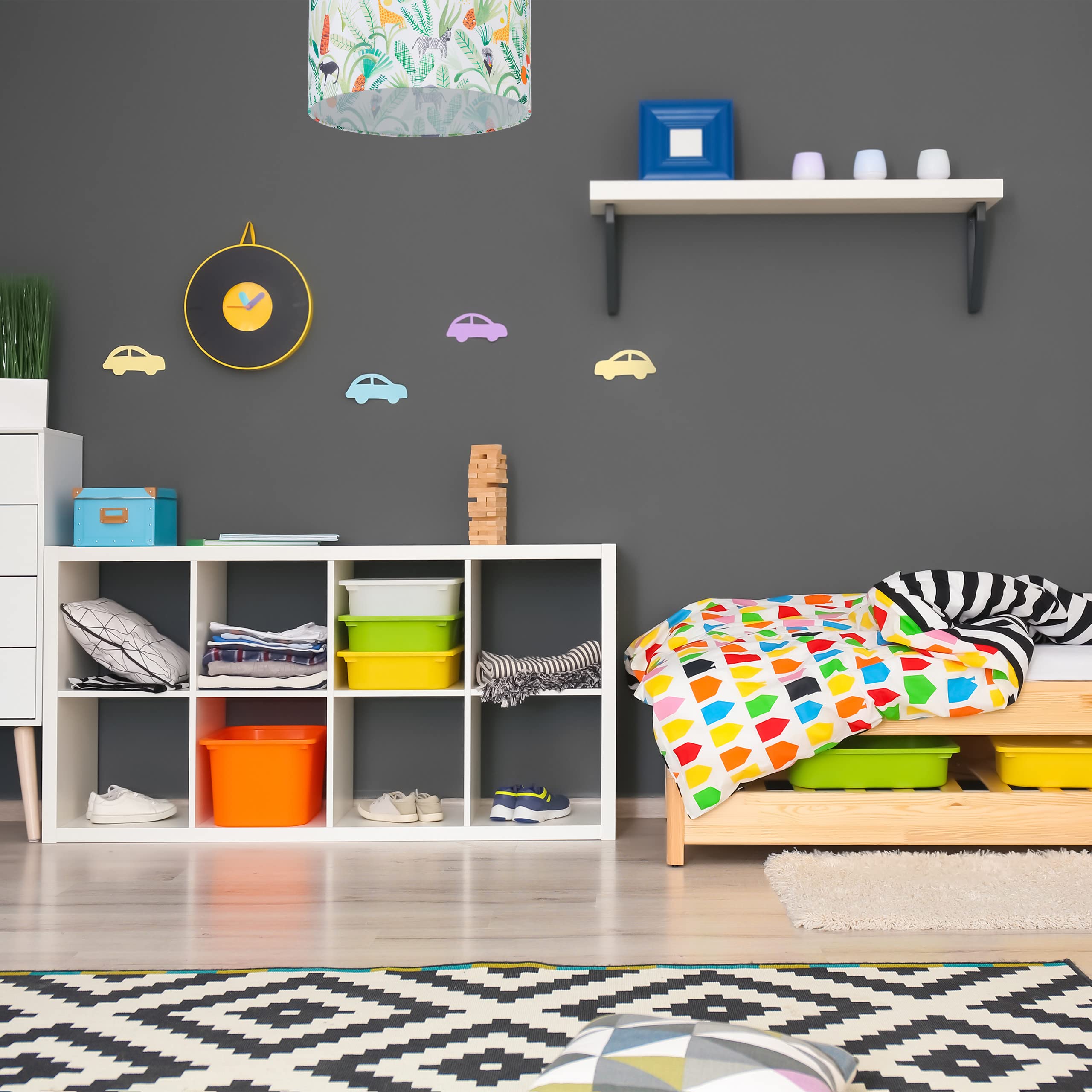 Relaxdays Hängelampe Kinderzimmer, Lampenschirm mit Dschungel-Motiv, HxD: 140x35 cm, E27, Pendelleuchte für Kinder, bunt