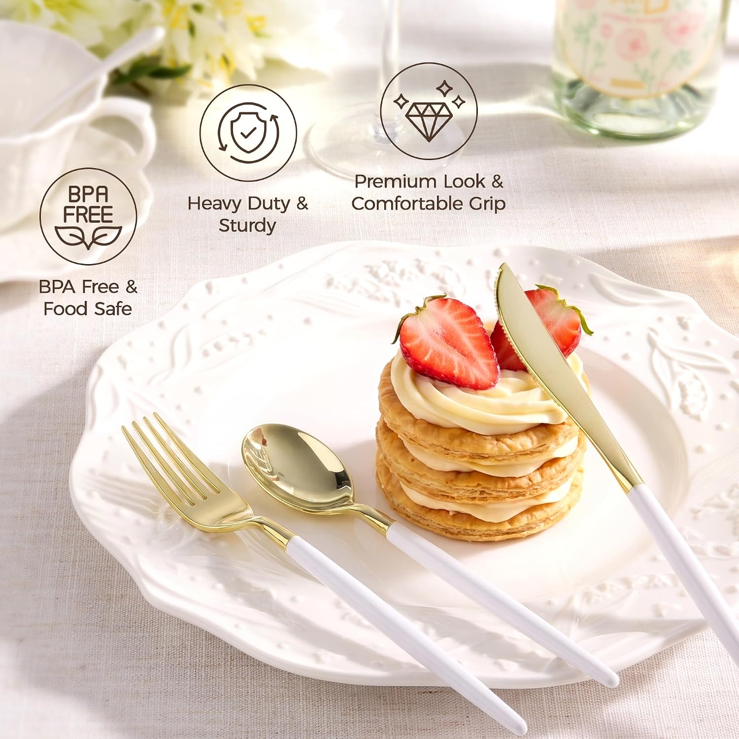 Goodluck 150 PCS White Gold Plastic Silverware Set for 50 Guests